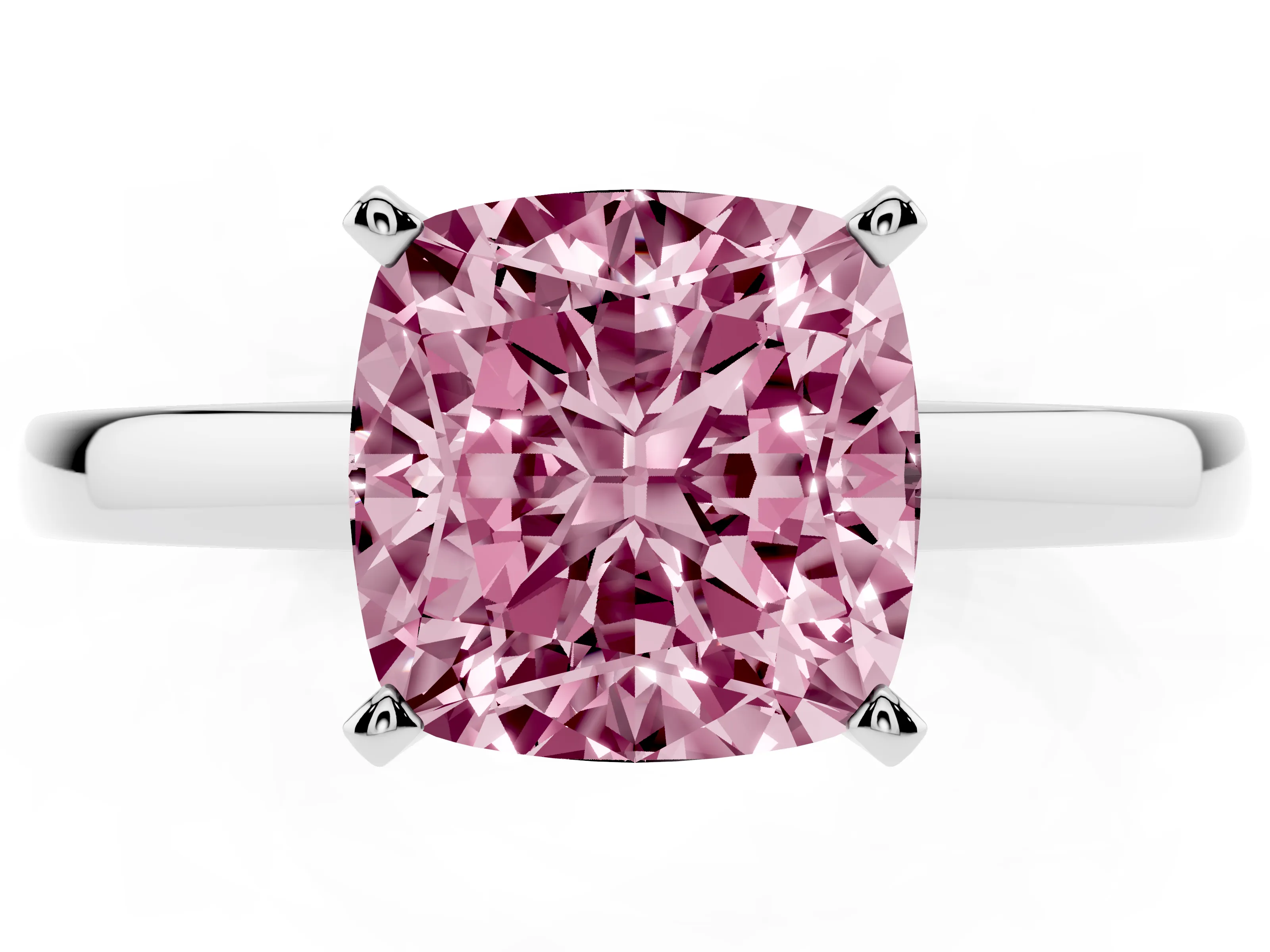 Fancy Pink Cushion Cut Diamond Solitaire Engagement Ring Set in Platinum with Prong Setting on a Classic Band