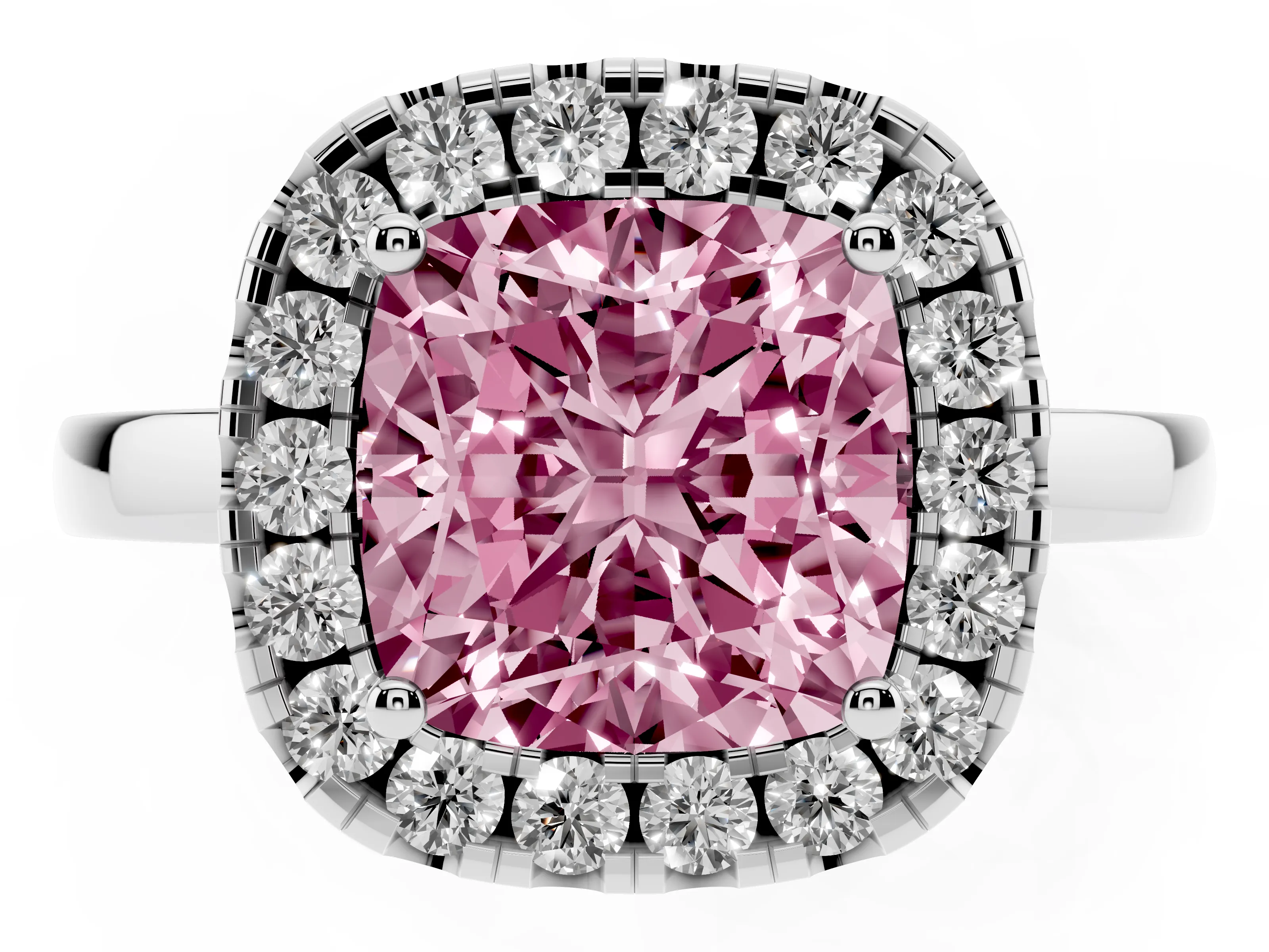 Fancy Pink Cushion Cut Diamond Halo Solitaire Ring Set in Silver with Pavé Band and Prong Setting