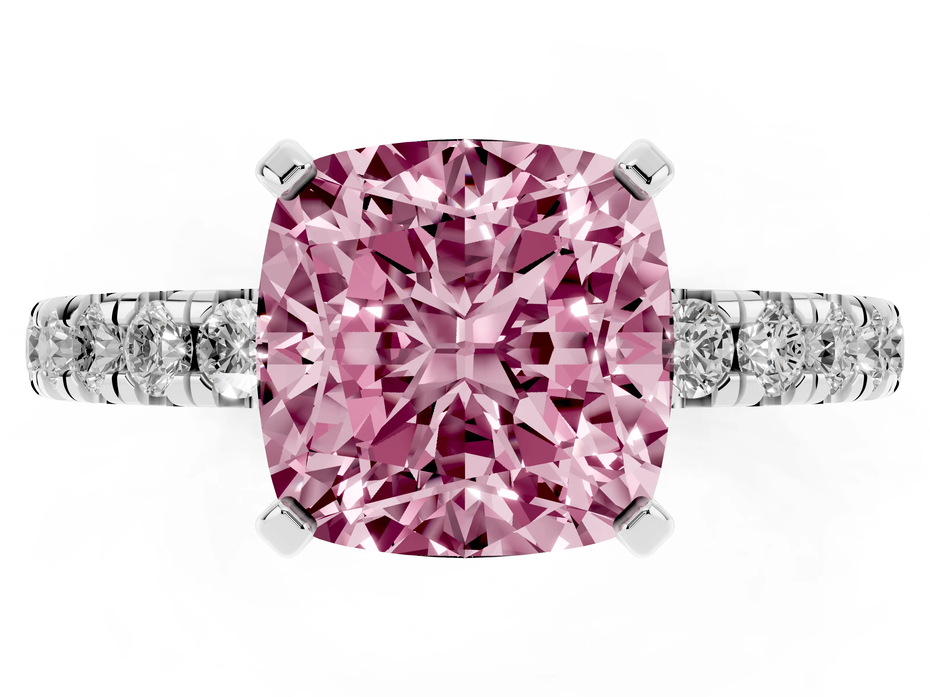 Fancy Pink Cushion Cut Diamond Pavé Solitaire Ring Set in Platinum with Round Band and Prong Setting