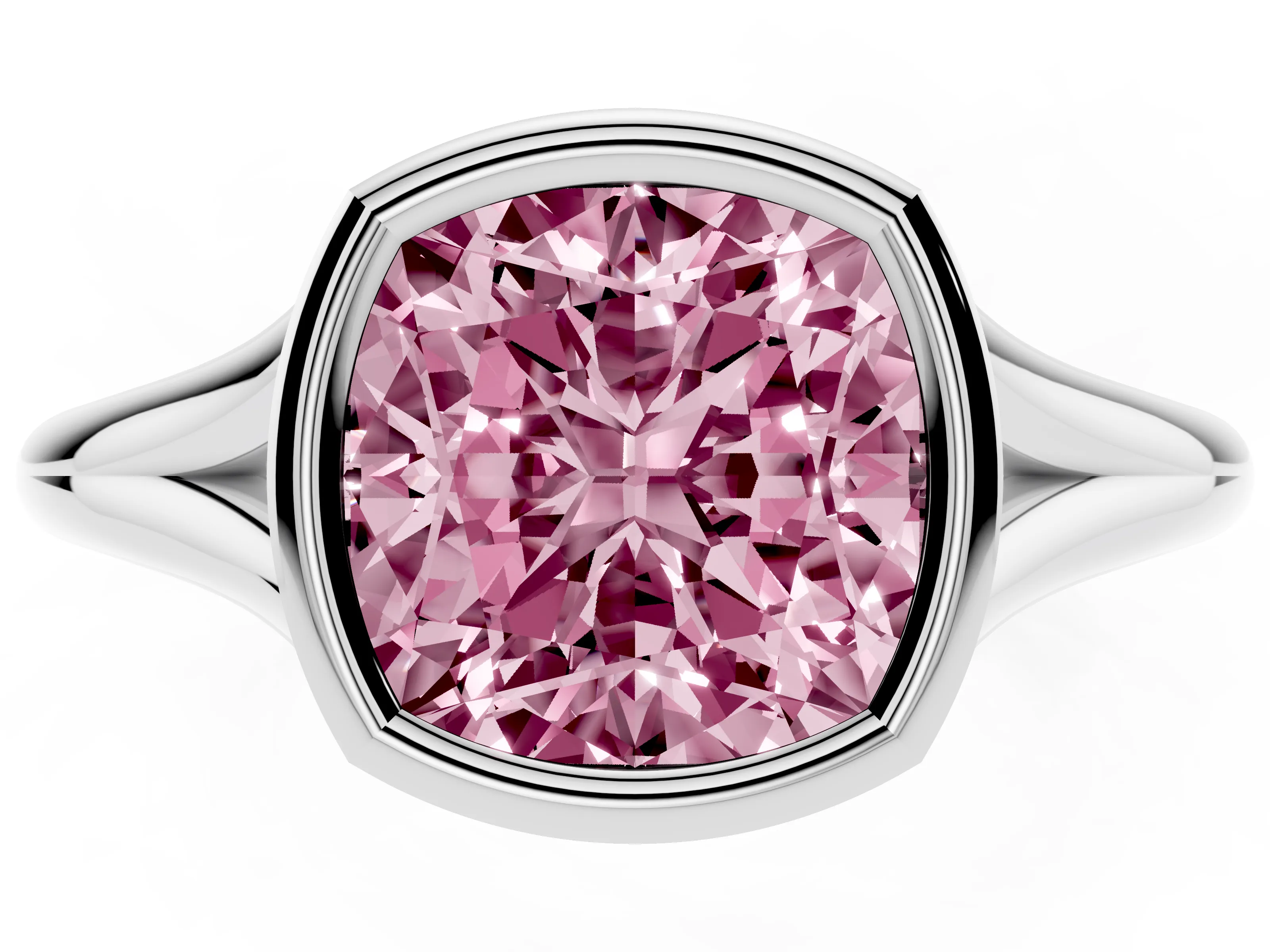 Fancy Pink Bezel Set Cushion Cut Diamond Solitaire Ring Set in Silver with Tapered Band