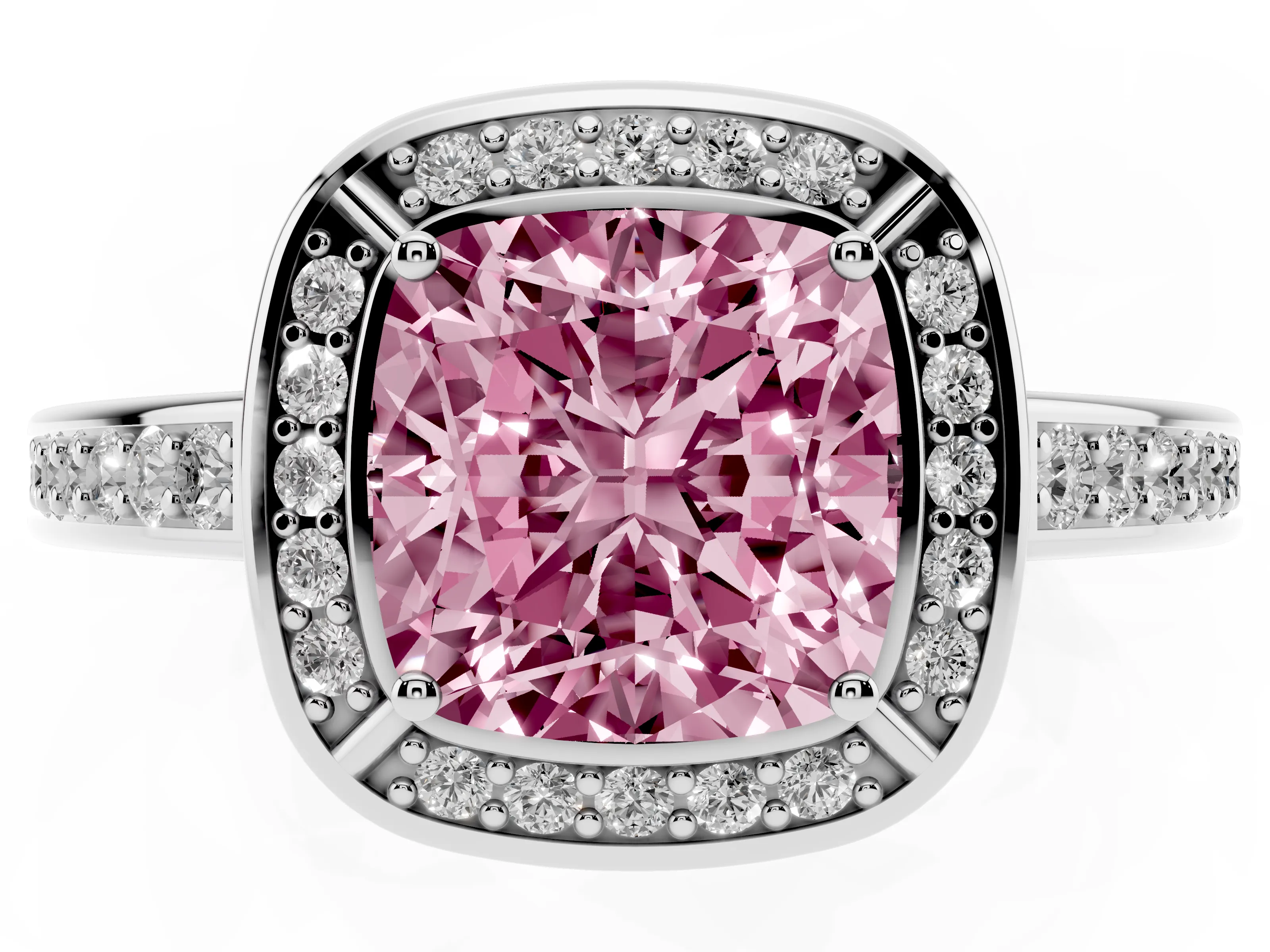 Fancy Pink Cushion Cut Diamond Halo Pavé Split Shank Ring Set in Silver with Prong Setting