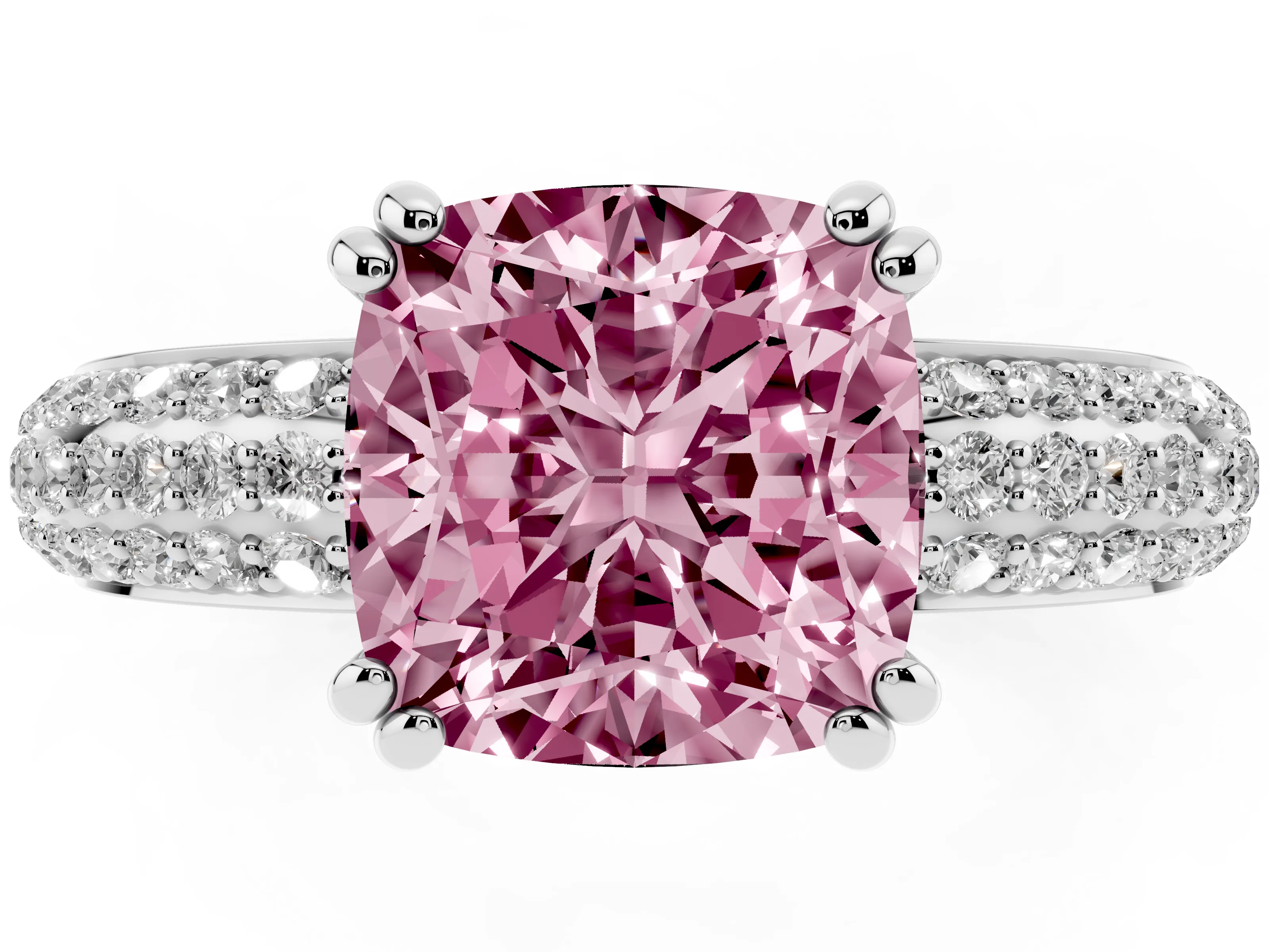 Fancy Pink Cushion Cut Diamond Solitaire Ring Set in Platinum with Multi-Row Round Pavé Band and Prong Setting