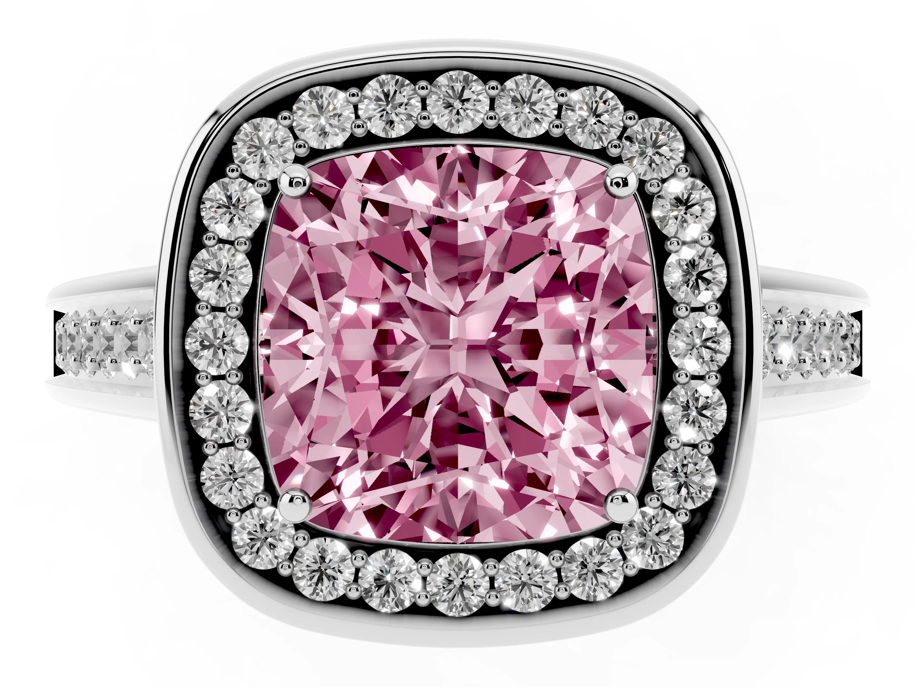 Fancy Pink Cushion Cut Diamond Halo Solitaire Ring Set in Platinum with Pavé Band and Bezel Setting