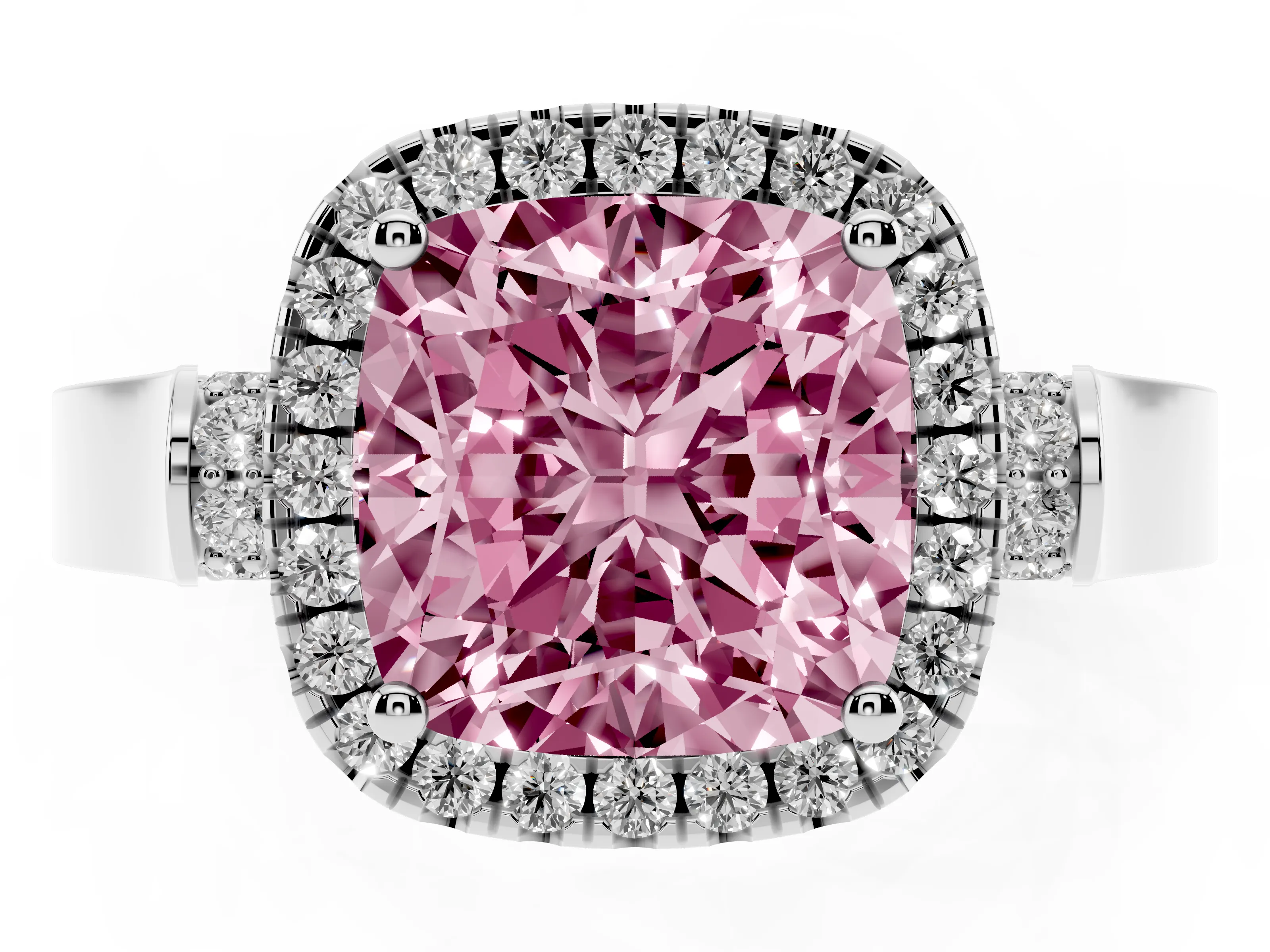 Fancy Pink Cushion Cut Diamond Halo Ring Set in Platinum with Pavé-Lined Split Shank Band