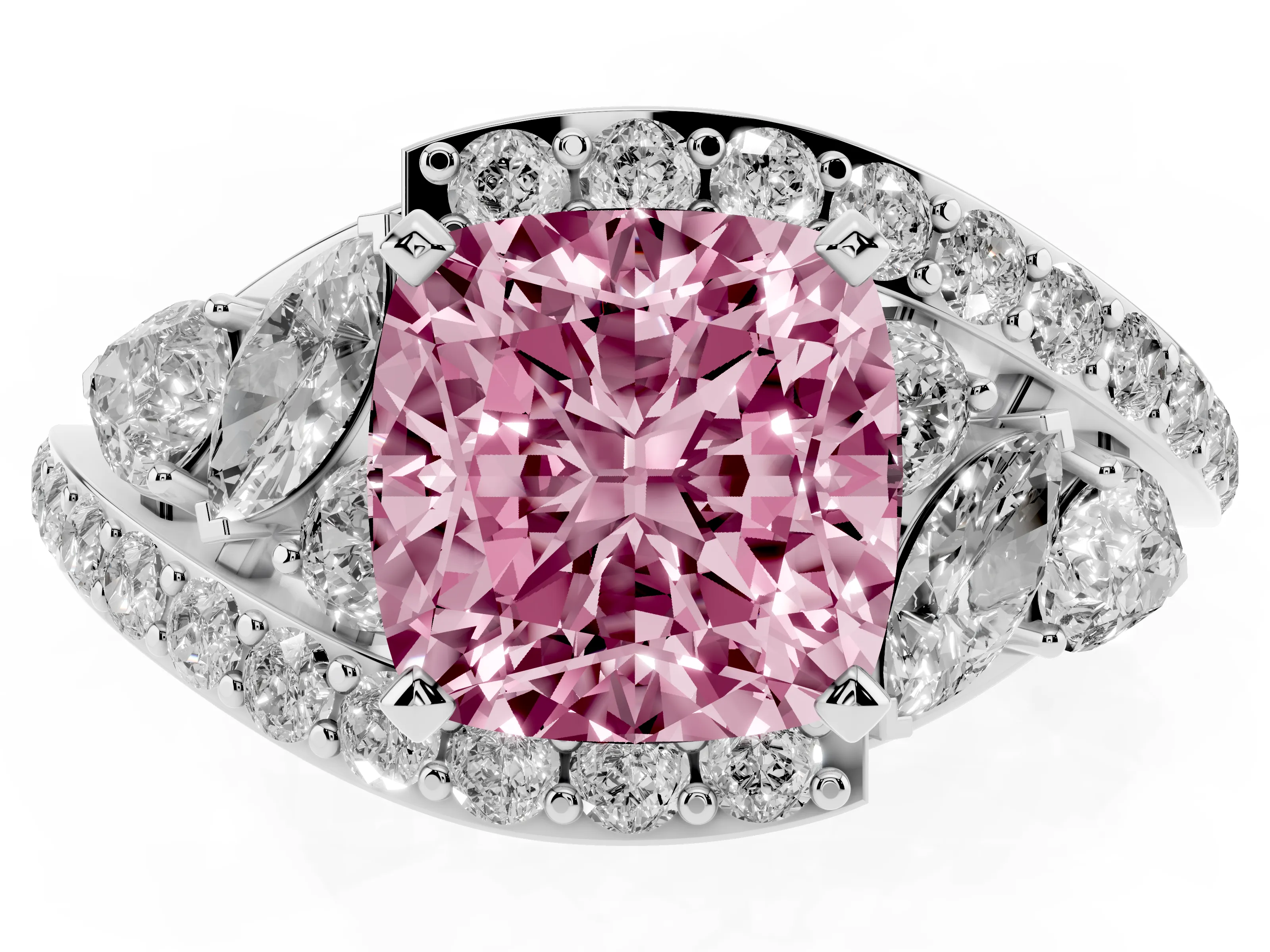 Fancy Pink Cushion Cut Diamond Halo Ring Set in Platinum with Marquise and Pavé Band in Prong Setting