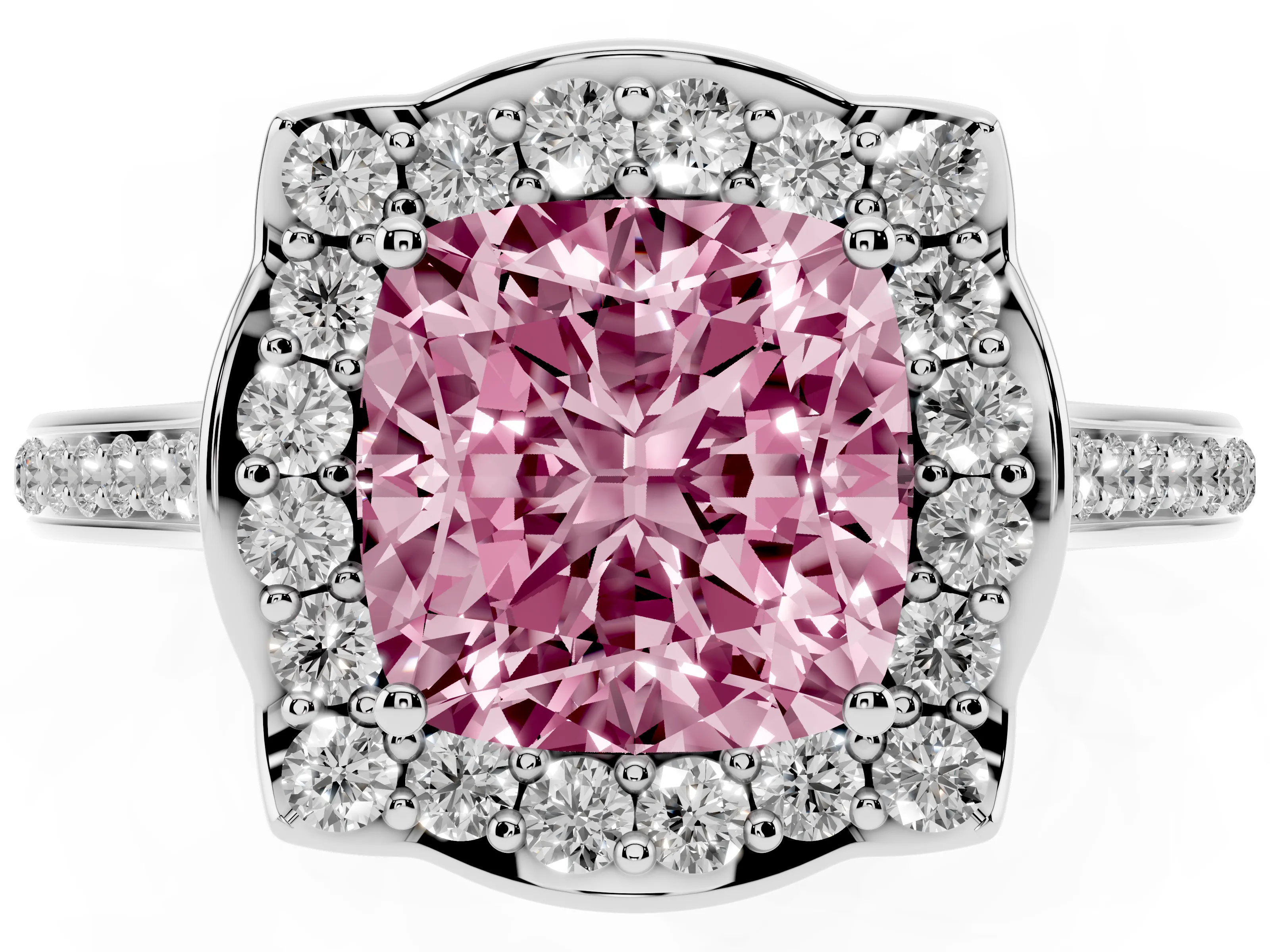 Fancy Pink Cushion Cut Diamond Halo Ring Set in White gold with Pavé-Lined Shoulders and Prong Setting