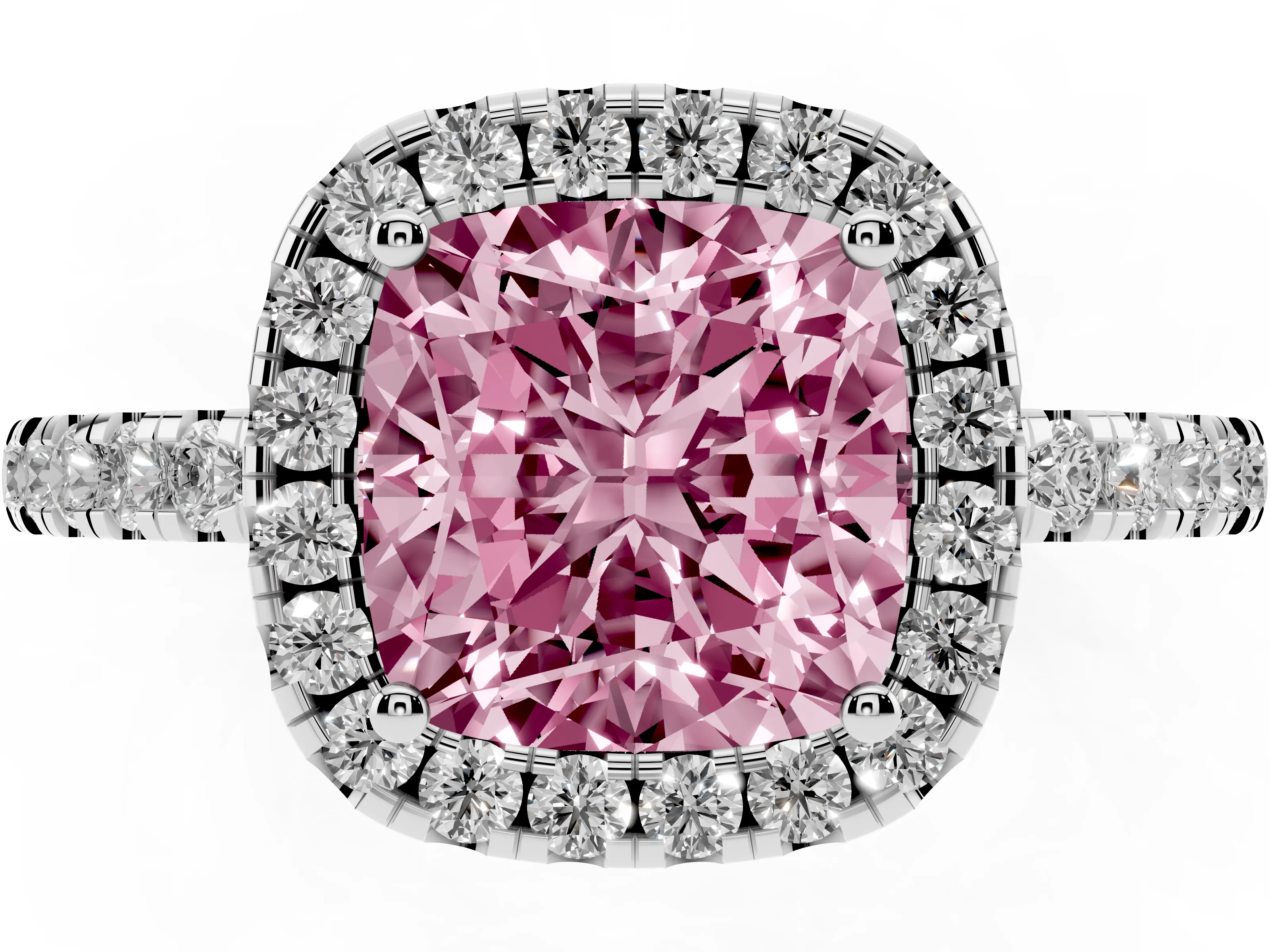 Fancy Pink Cushion Cut Diamond Pavé Band Halo Engagement Ring Set in Platinum with Prong Setting