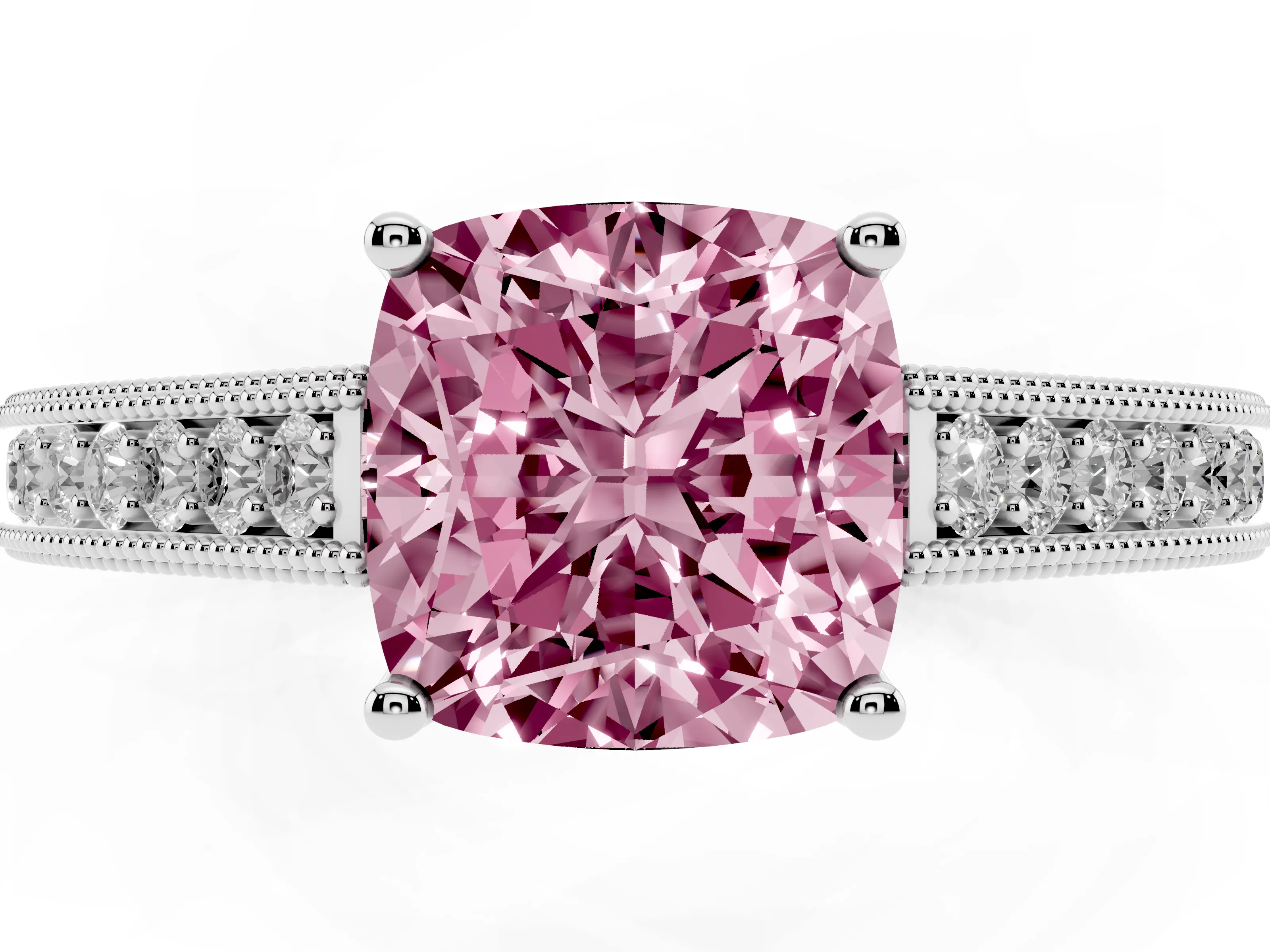 Fancy Pink Cushion Cut Diamond Milgrain Pavé Band Solitaire Ring Set in White gold with Prong Setting