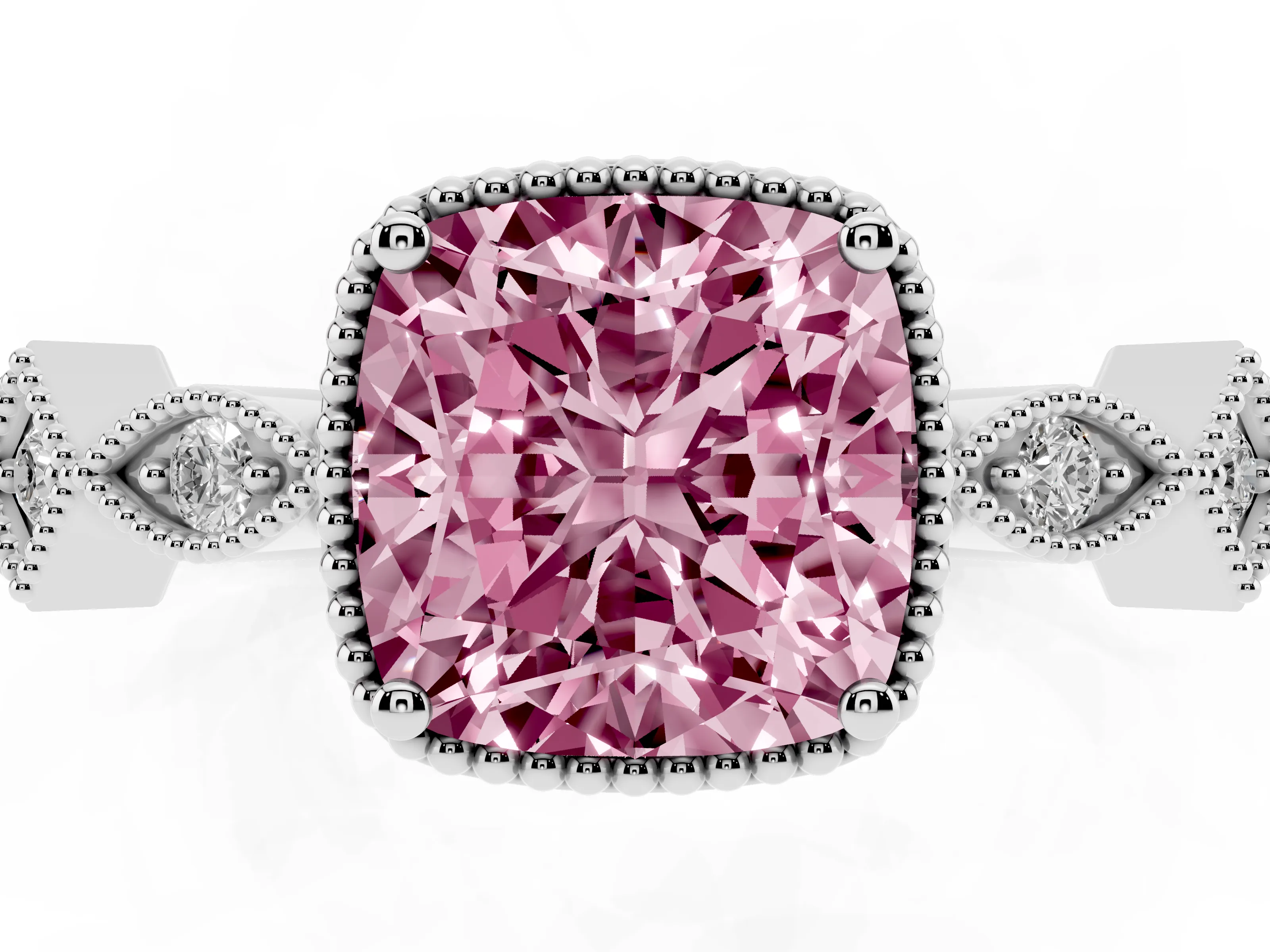 Fancy Pink Cushion Cut Diamond Milgrain Marquise Twist Band Ring Set in White gold with Prong Setting