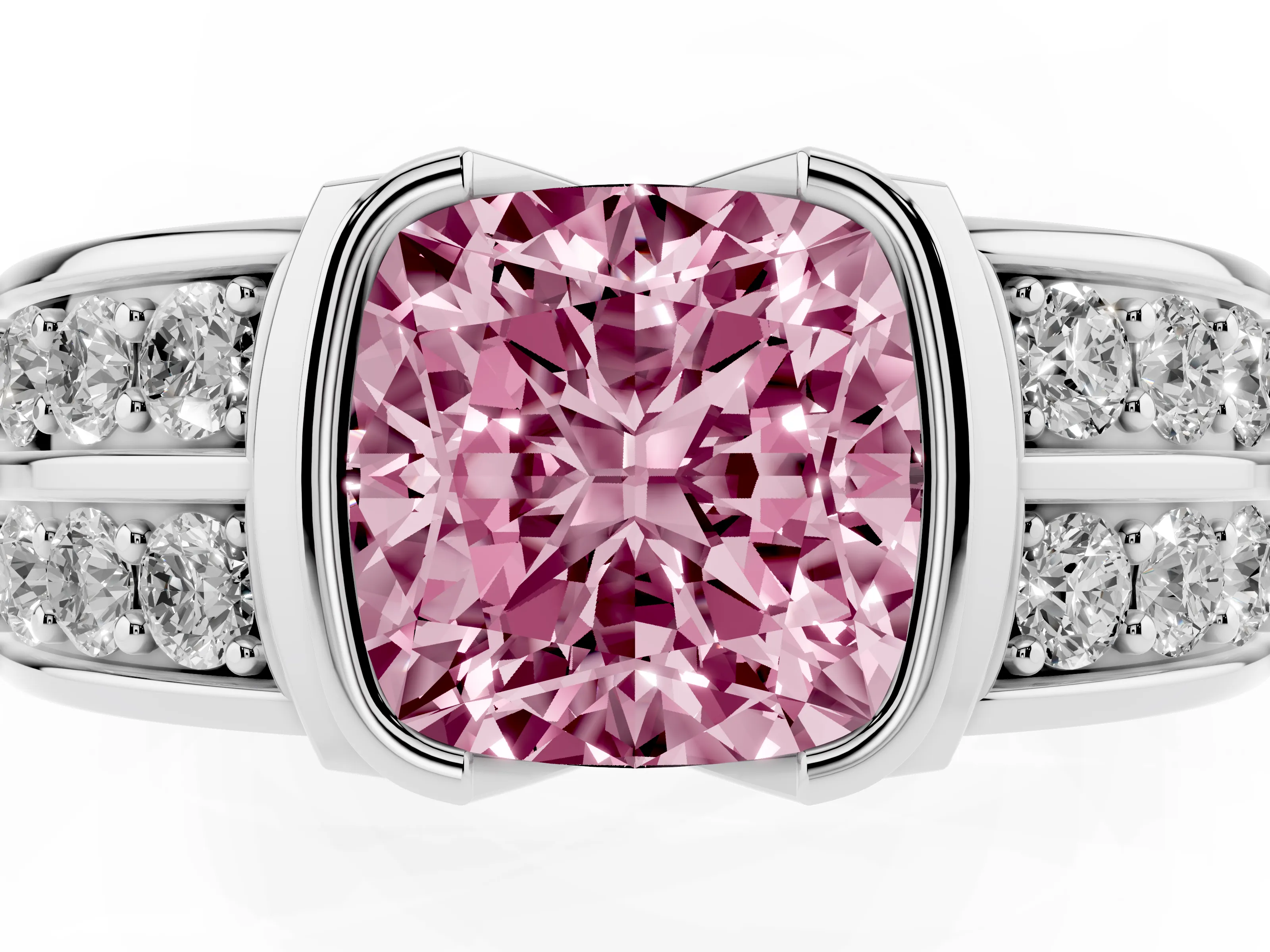 Fancy Pink Cushion Cut Diamond Wide Channel Set Band Ring Set in Silver with Bezel Setting