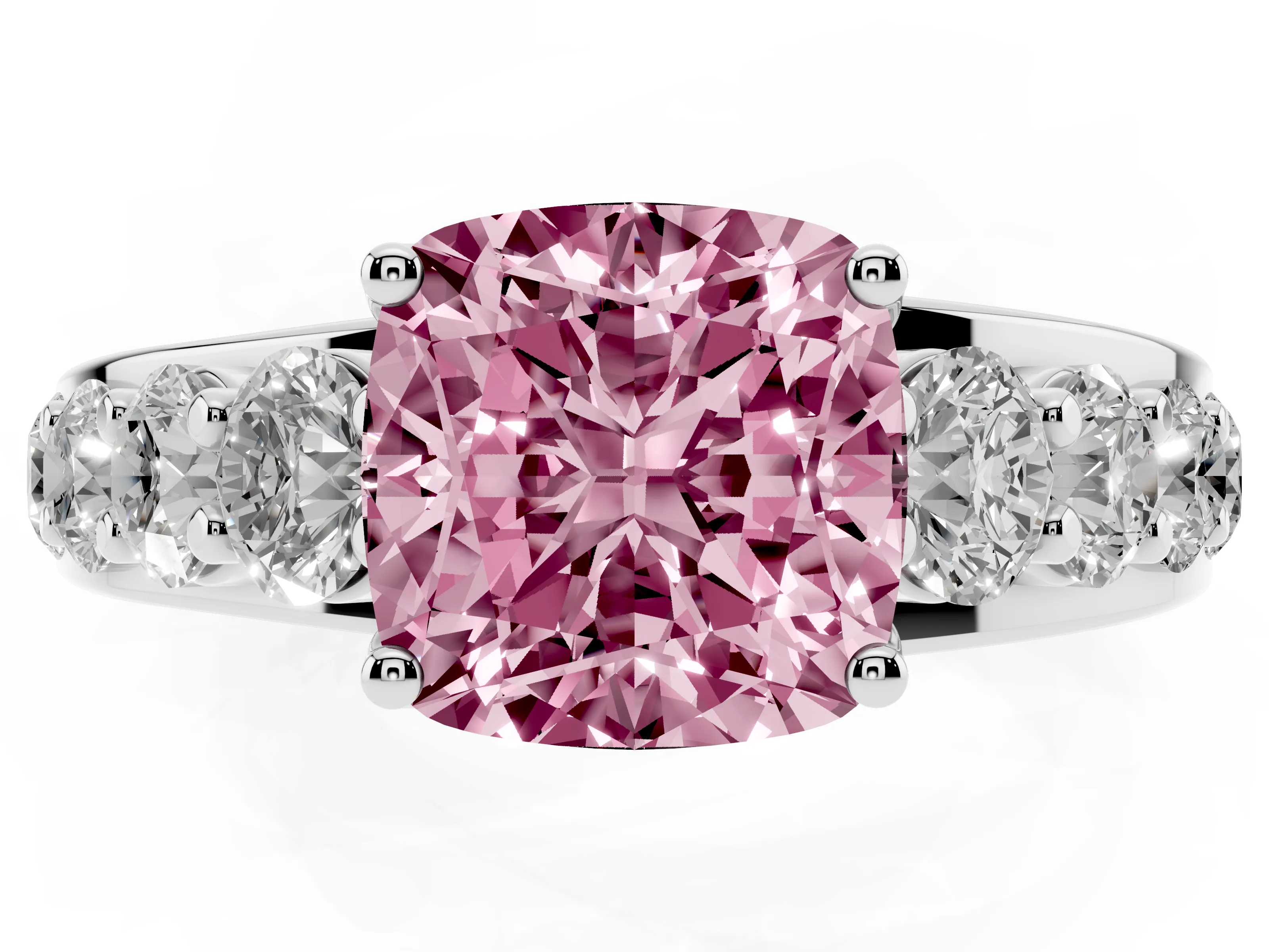 Fancy Pink Cushion Cut Diamond Pavé Engagement Ring Set in Silver with Prong Setting