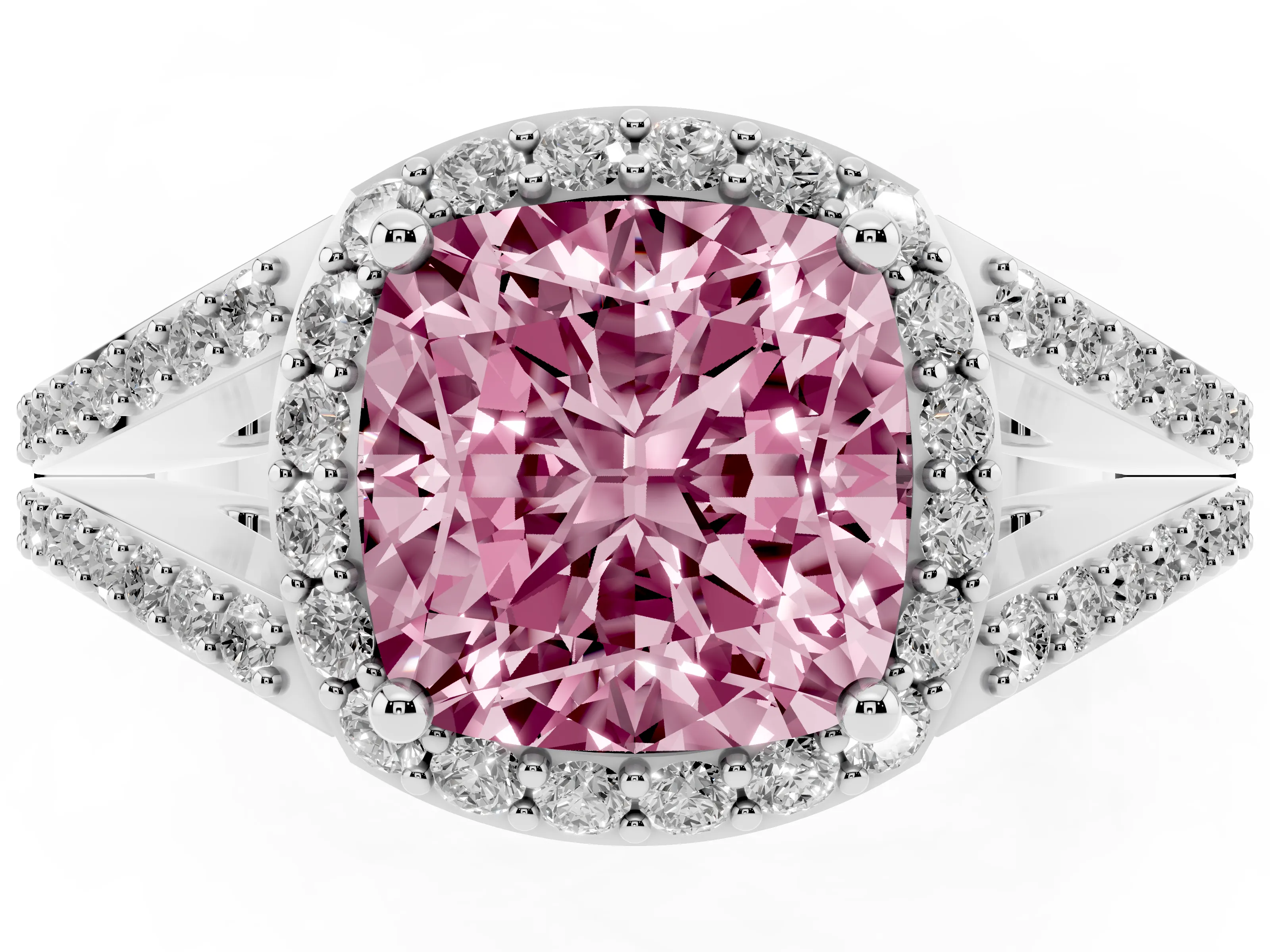 Fancy Pink Cushion Cut Diamond Halo Split Shank Ring Set in White gold with Accent Stones and Prong Setting