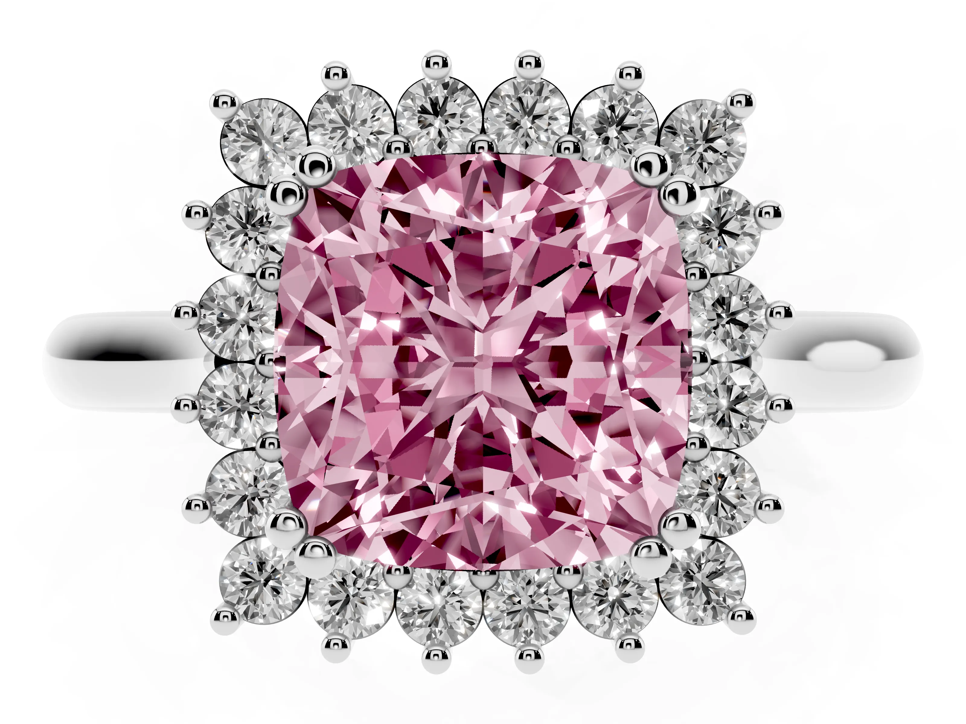 Fancy Pink Cushion Cut Diamond Halo Ring Set in White gold with Plain Solitaire Band and Prong Setting