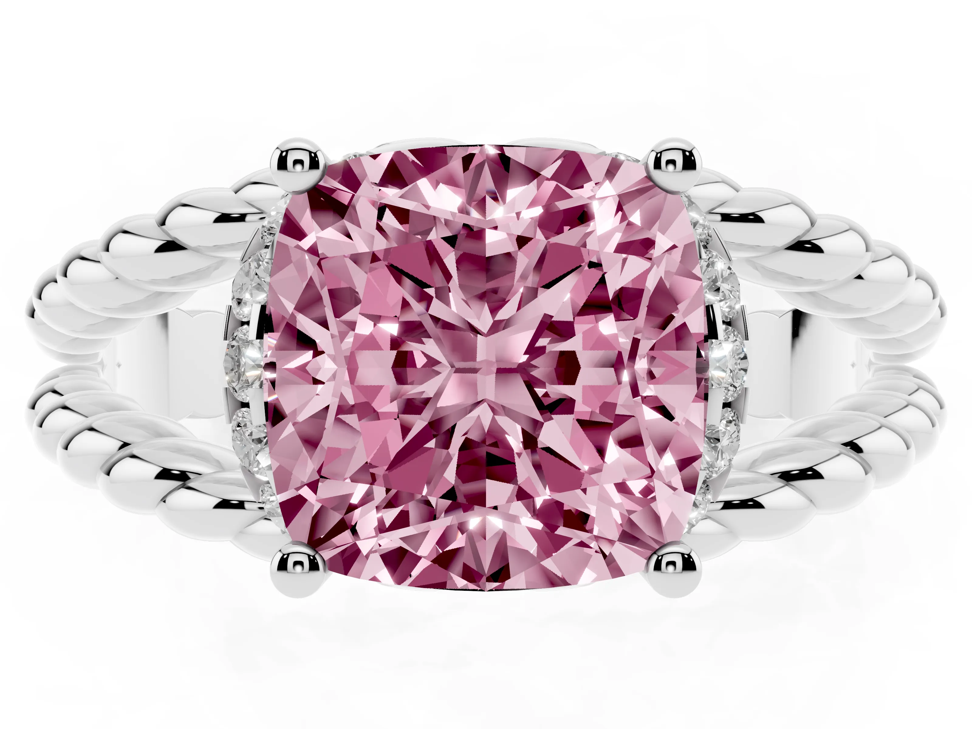 Fancy Pink Cushion Cut Diamond Halo Ring Set in White gold with Twisted Band and Prong Setting