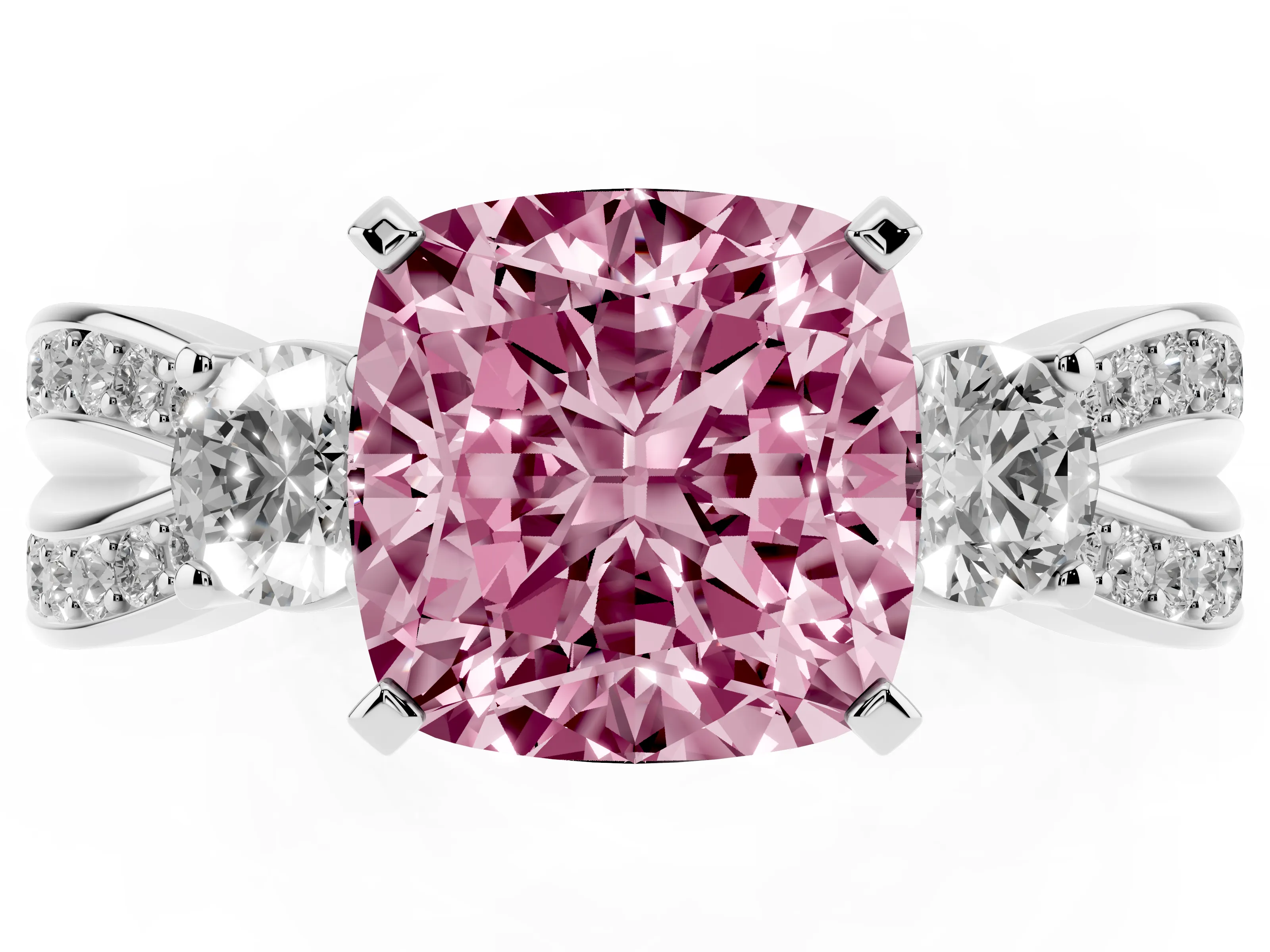 Fancy Pink Three-Stone Cushion Cut Diamond Twist Band Ring Set in White gold with Pavé Accents and Prong Setting