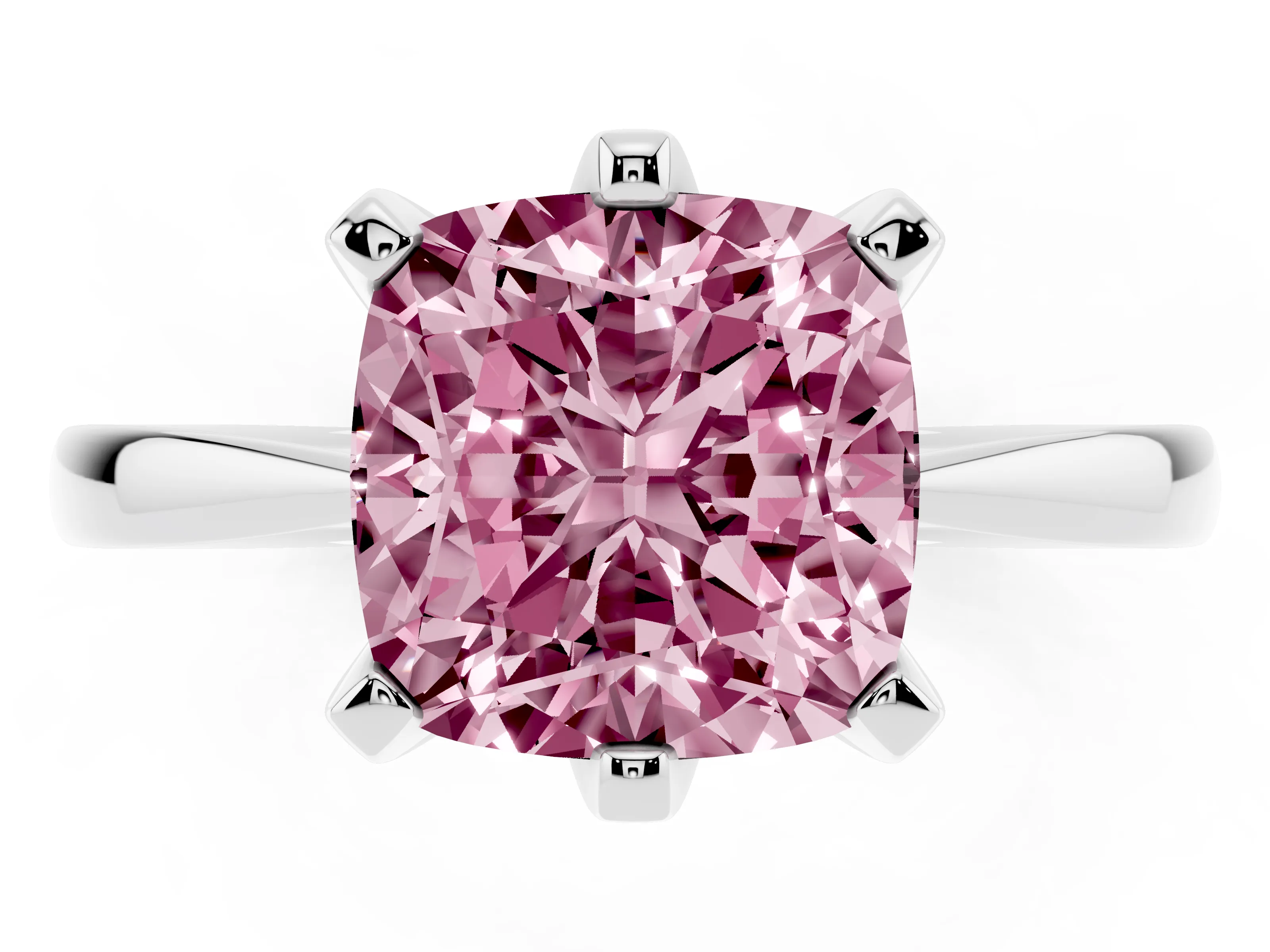 Fancy Pink Cushion Cut Diamond Solitaire Engagement Ring Set in White gold with Slim Tapered Solitaire Band
