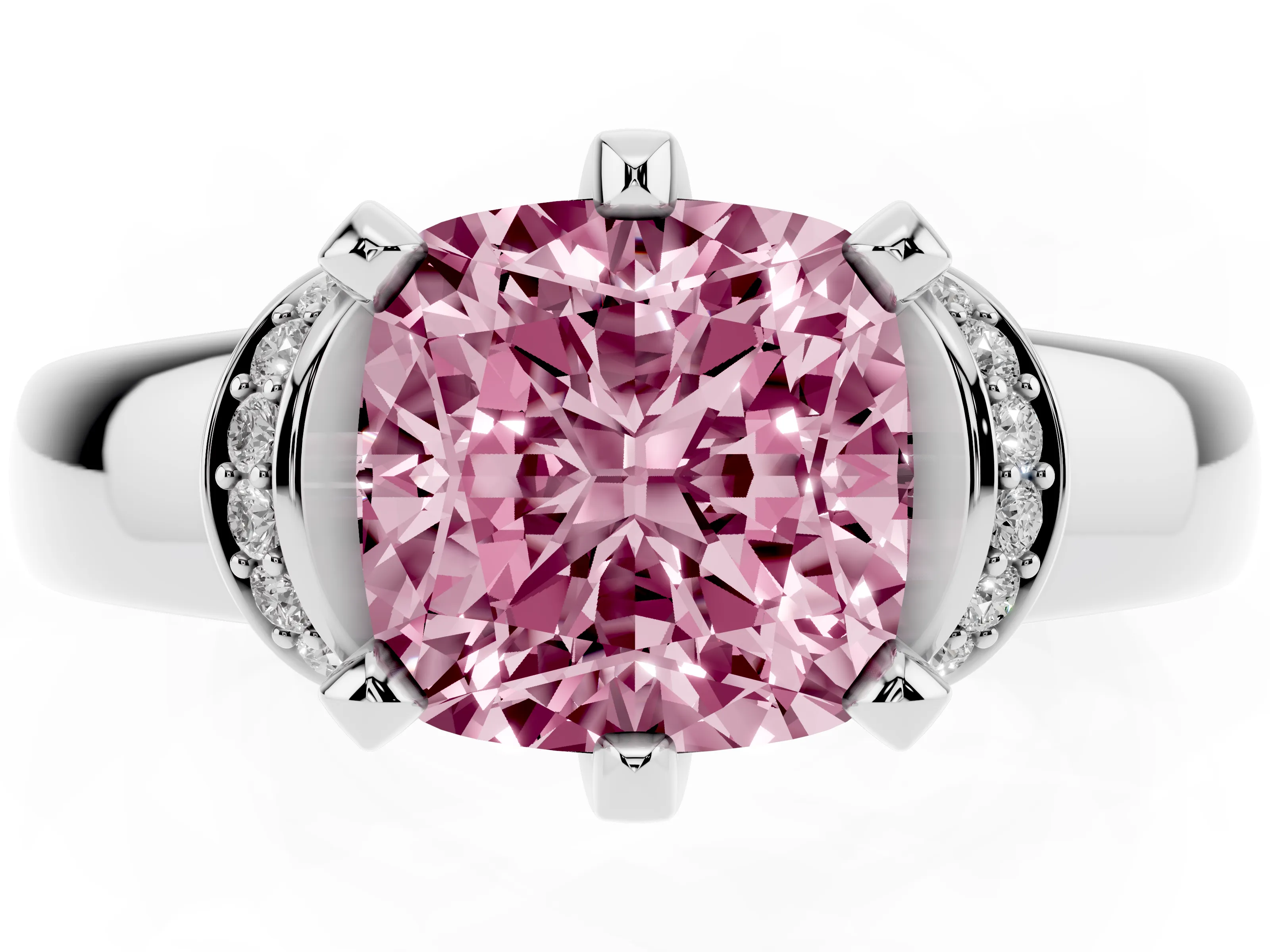Fancy Pink Cushion Cut Diamond Pavé Band Solitaire Ring Set in Silver with Prong Setting