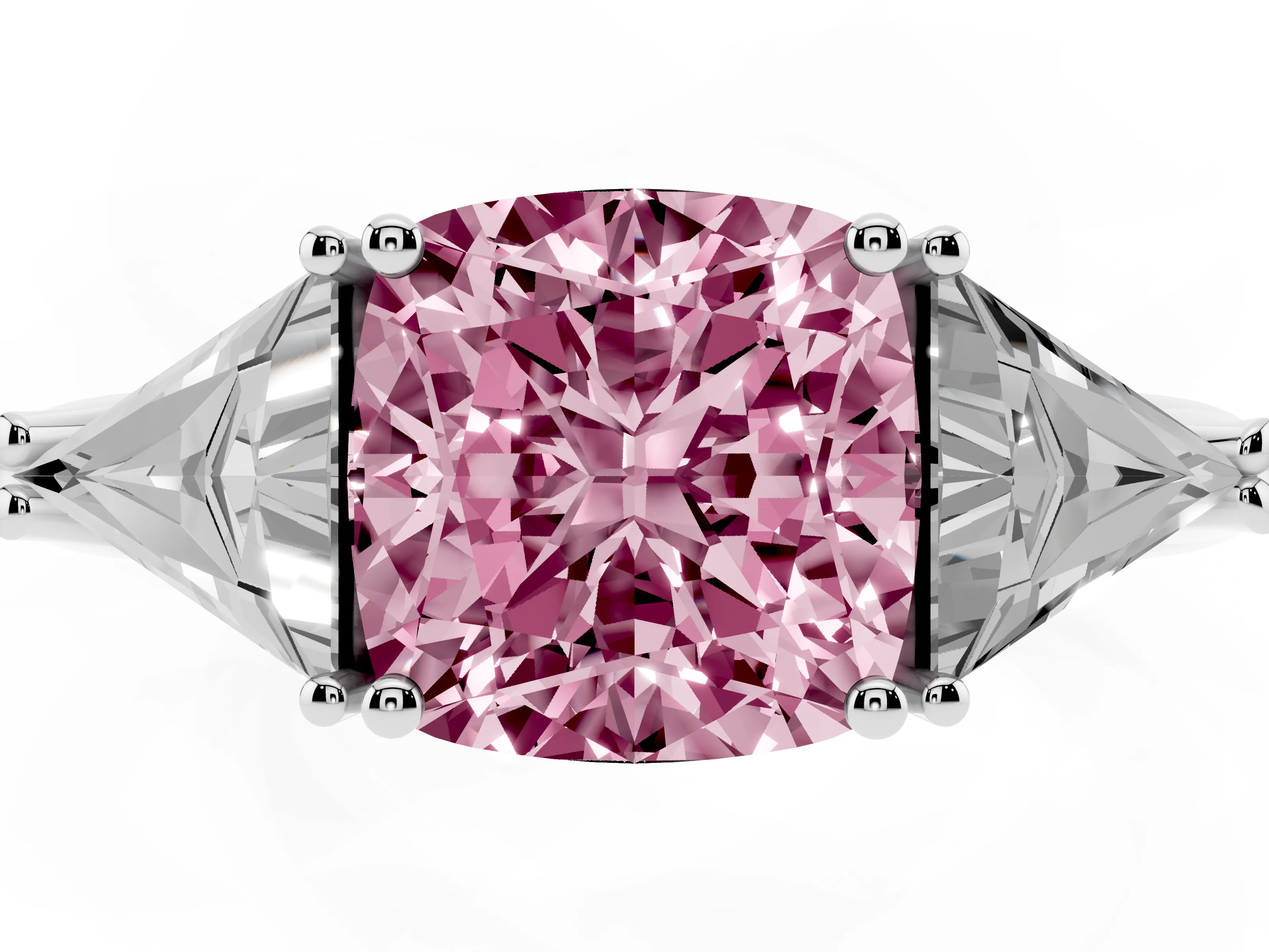 Fancy Pink Cushion Cut Diamond Three-Stone Engagement Ring Set in White gold with Trillion Side Stones