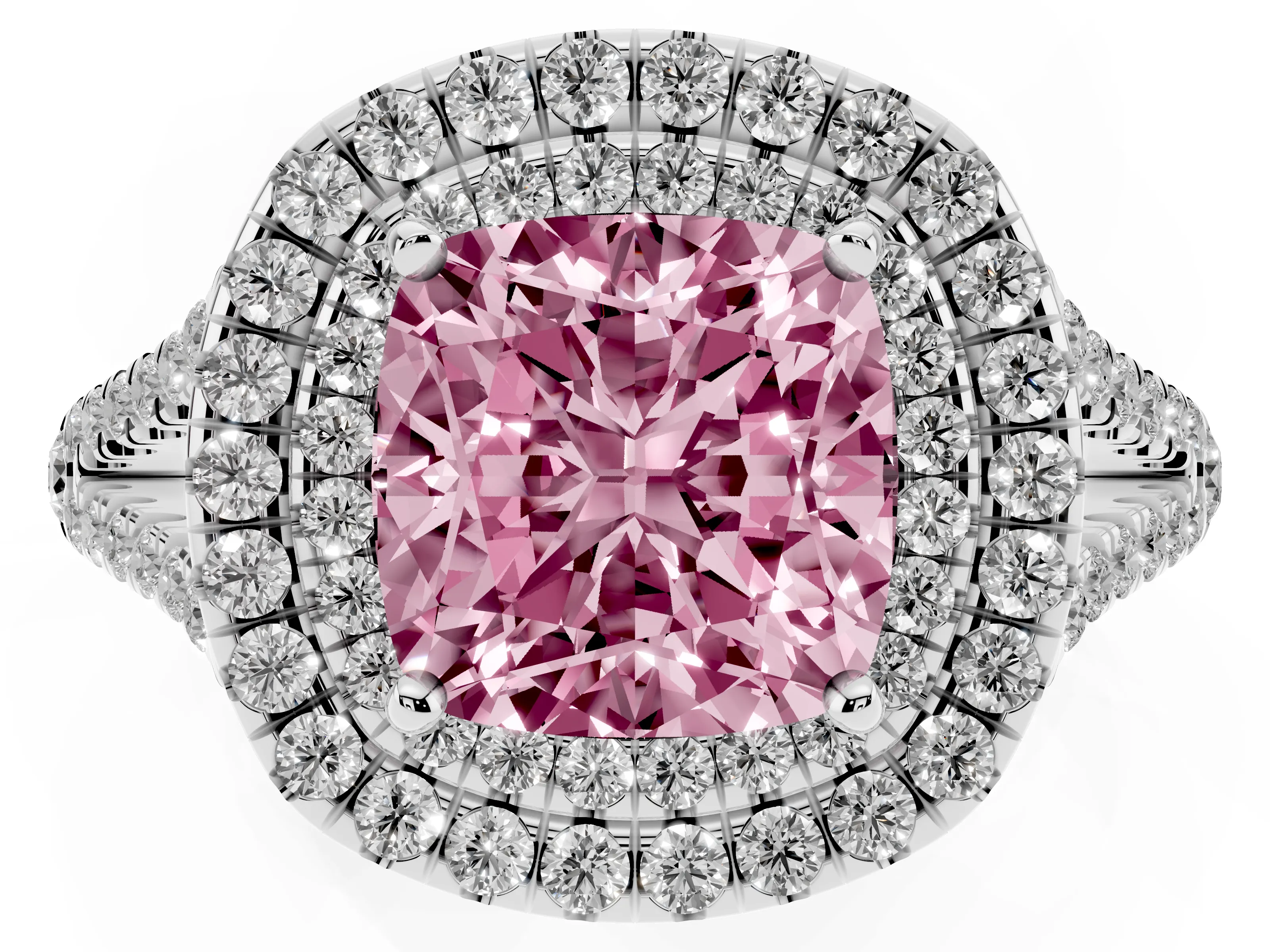 Fancy Pink Cushion Cut Diamond Double Halo Ring Set in Platinum with Pavé Band