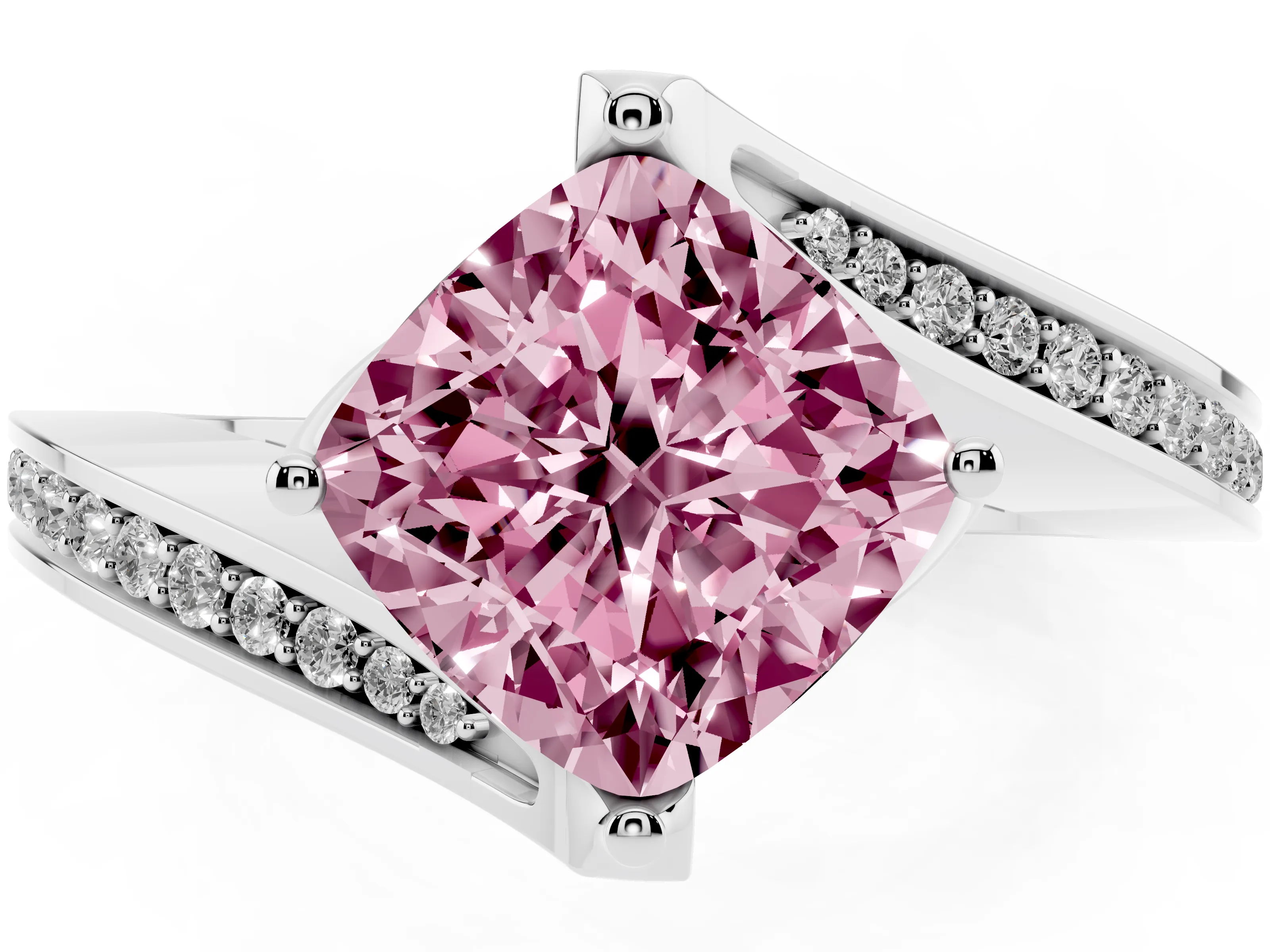 Fancy Pink Cushion Cut Diamond Solitaire Ring Set in Silver with Intertwined Pavé Twist Band