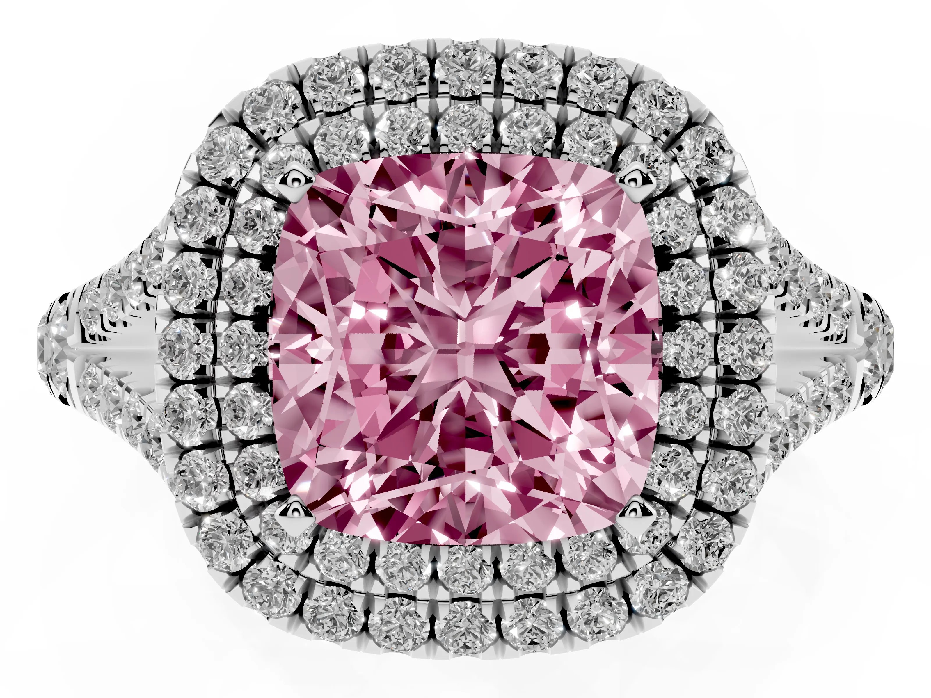Fancy Pink Cushion Cut Diamond Pavé Split Shank Double Halo Engagement Ring Set in White gold