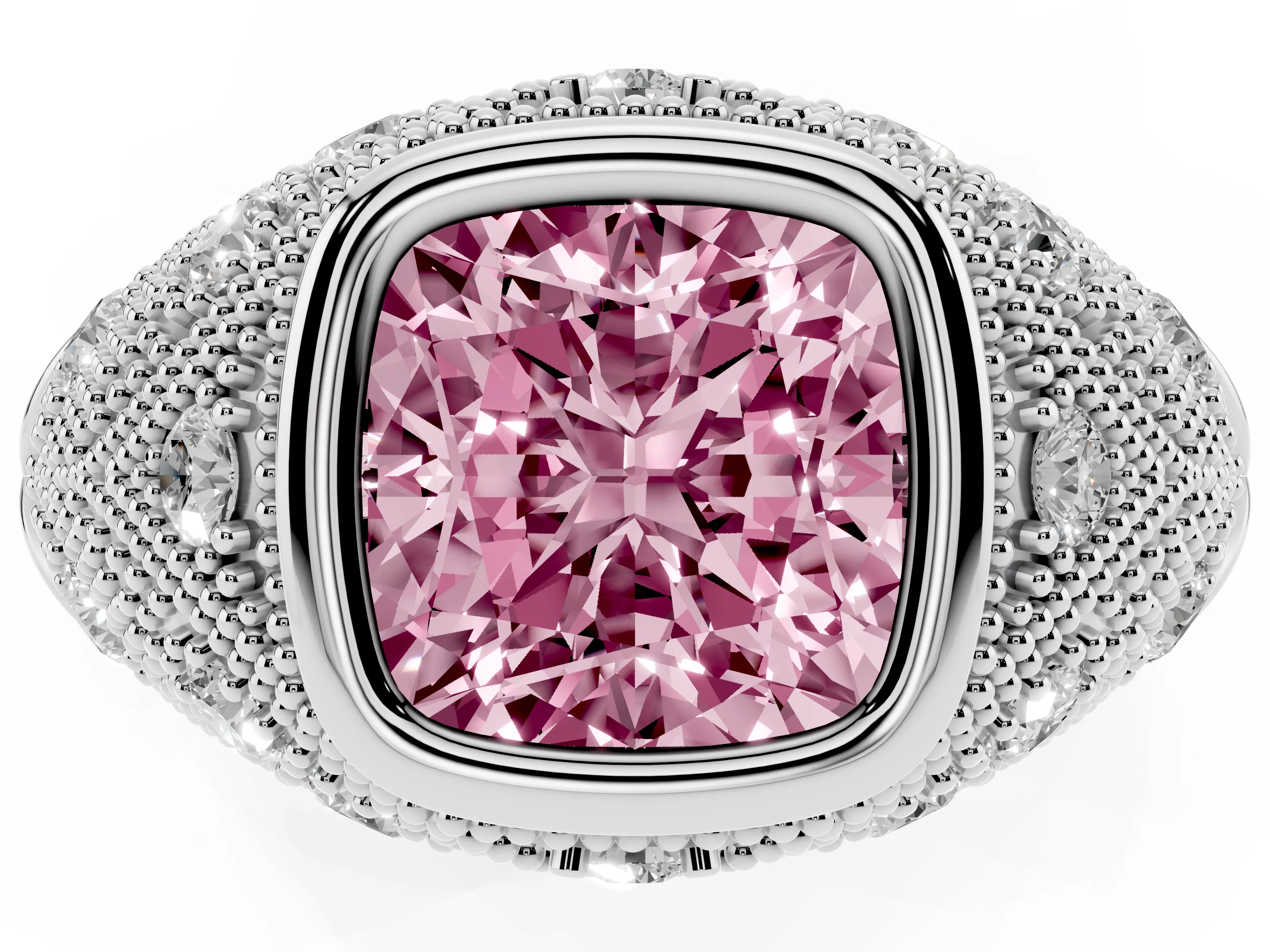 Fancy Pink Cushion Cut Diamond Bezel Ring Set in Silver with Milgrain Accent Band