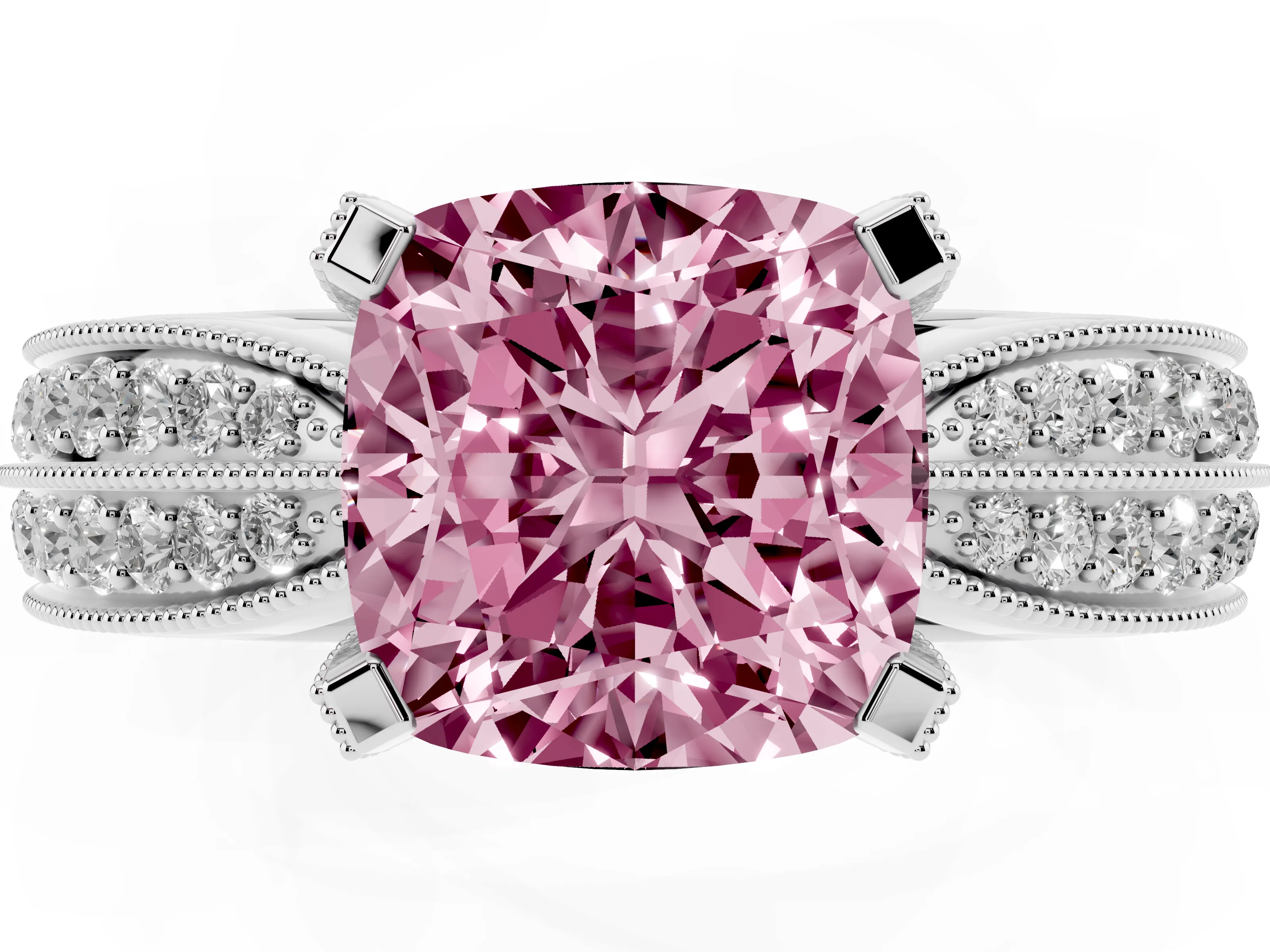 Fancy Pink Cushion Cut Diamond Solitaire Ring Set in Platinum with Milgrain Double Row Round Pavé Band