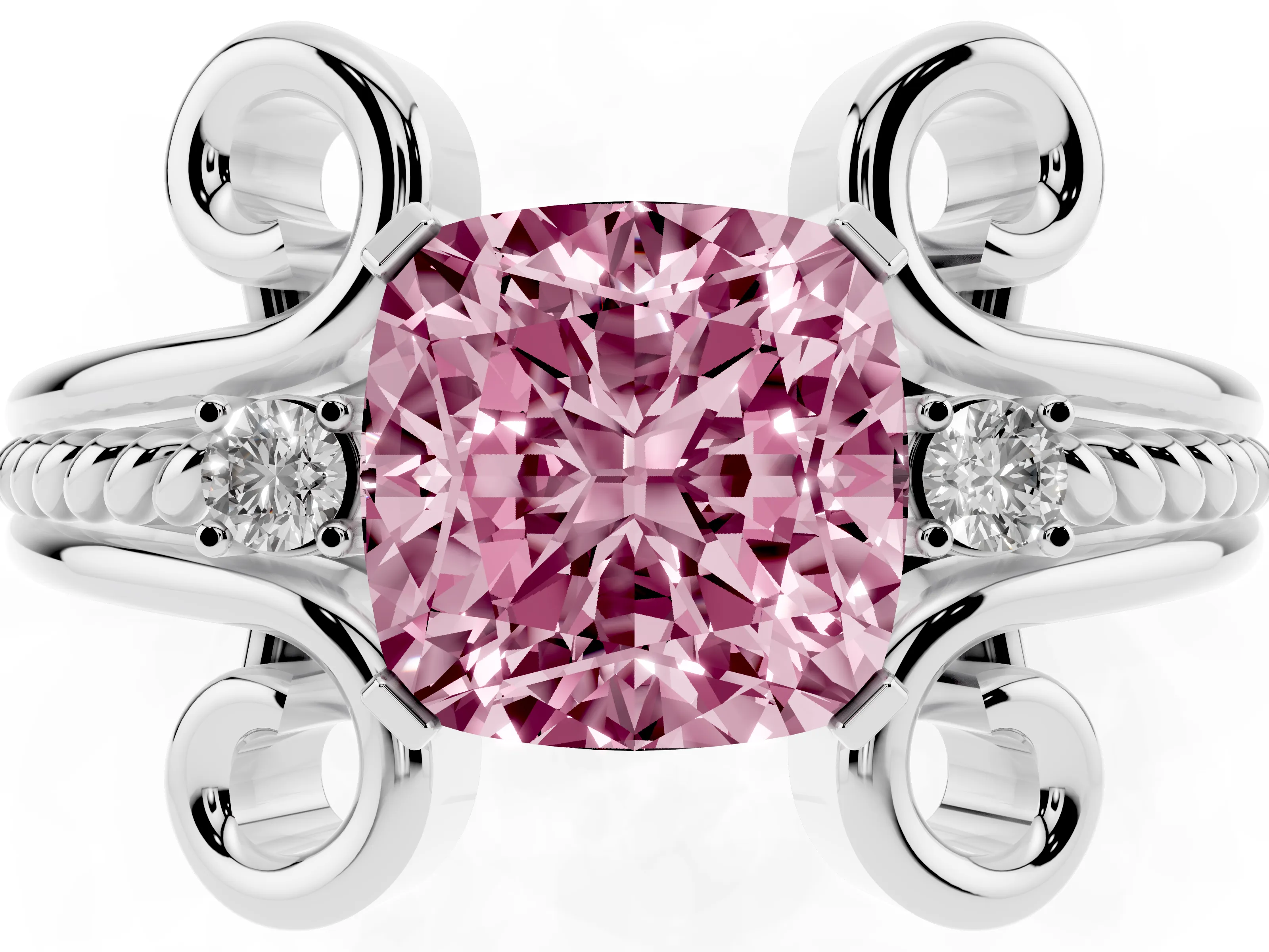 Fancy Pink Cushion Cut Diamond Twisted Band Solitaire Ring Set in White gold with Scroll Prongs