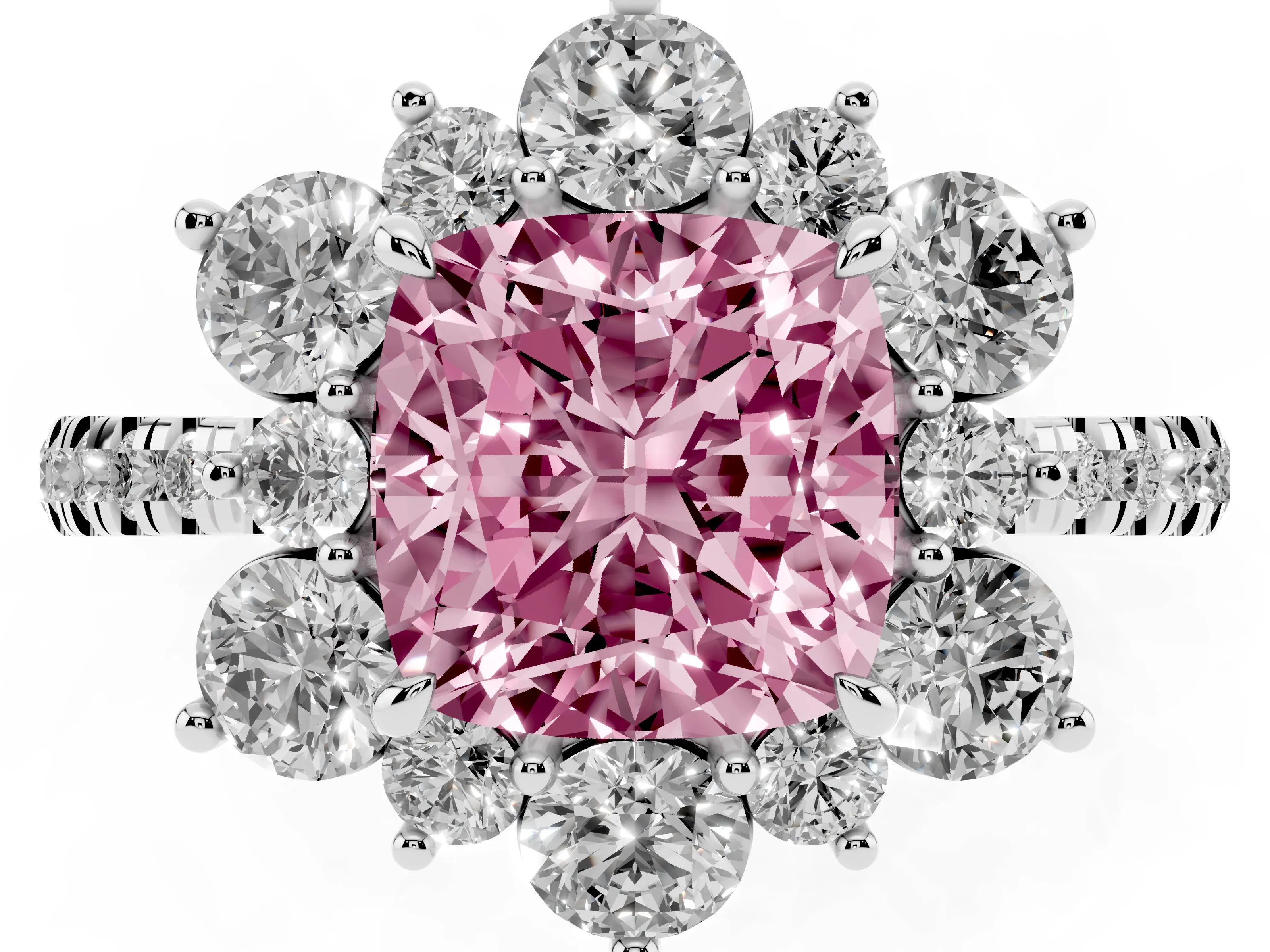 Fancy Pink Cushion Cut Diamond Floral Halo Ring Set in Silver with Round Pavé Band and Prong Setting