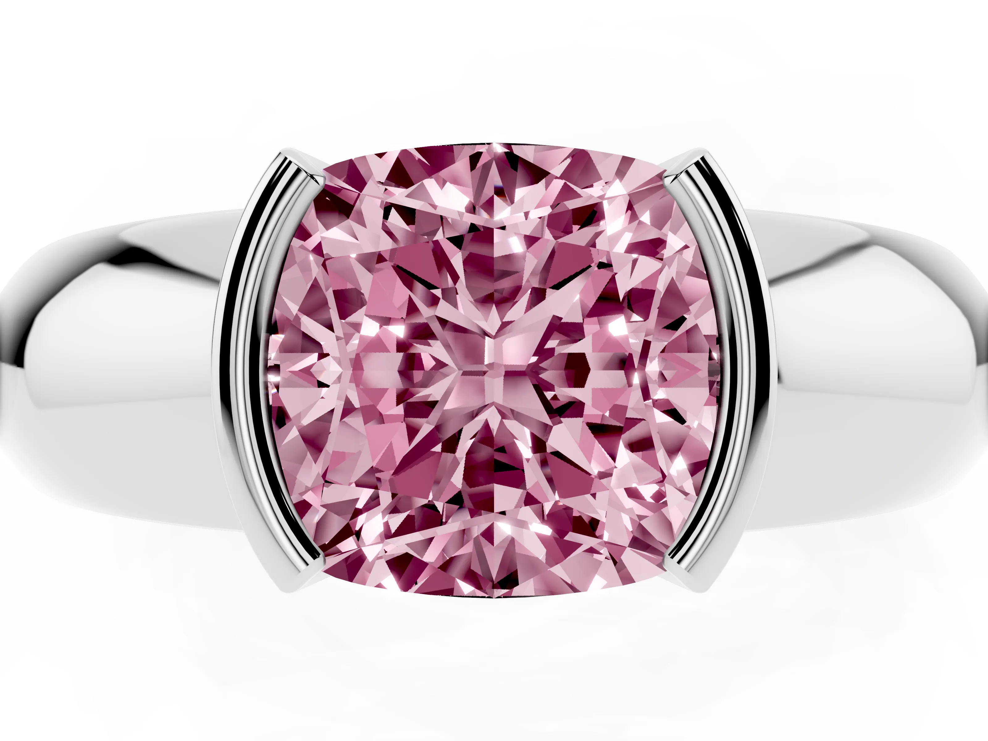 Fancy Pink Cushion Cut Diamond Solitaire Tension Set Ring Set in Silver with Wide Band