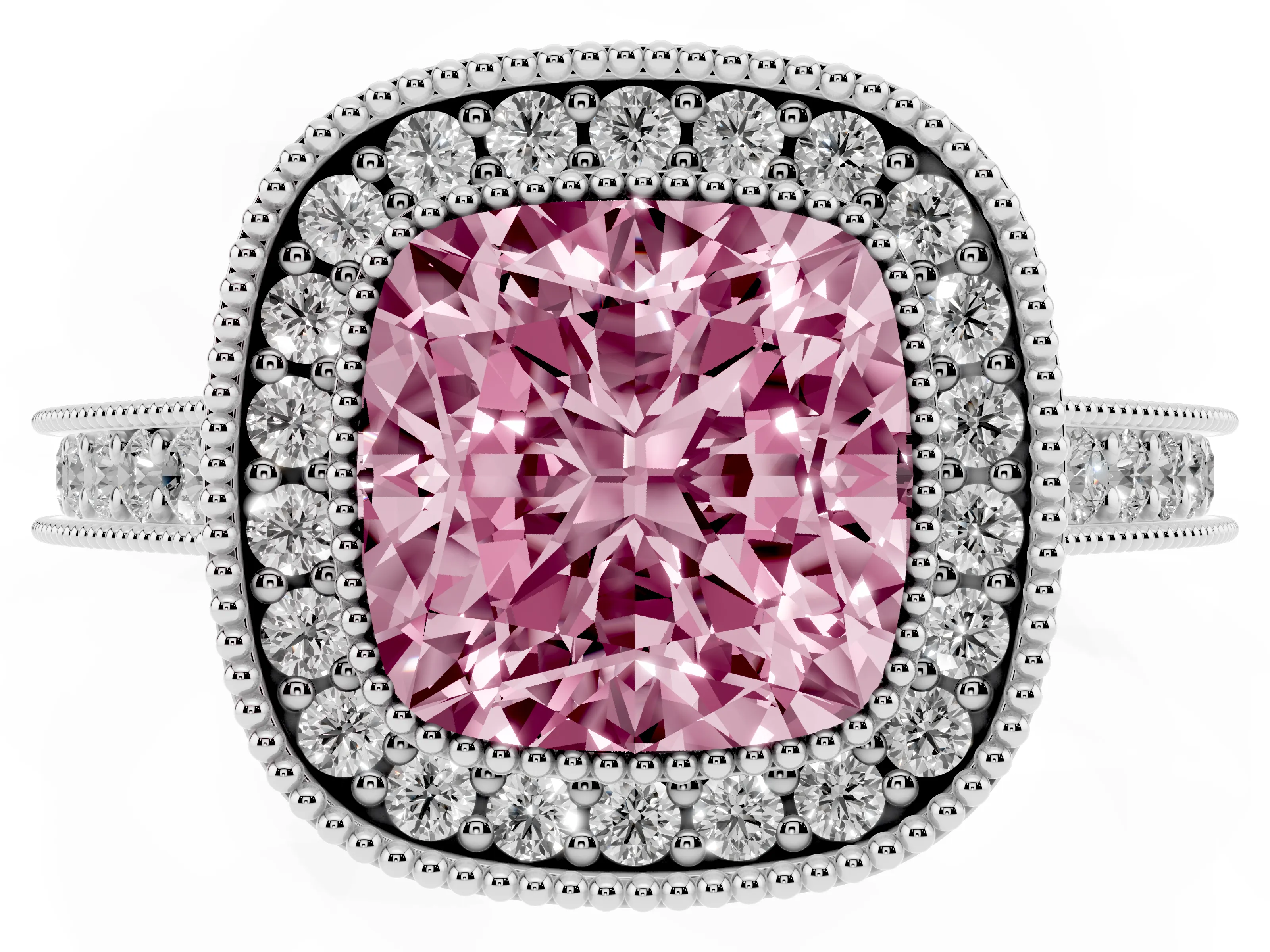 Fancy Pink Cushion Cut Diamond Halo Milgrain Pavé Band Ring Set in Silver with Prong Setting