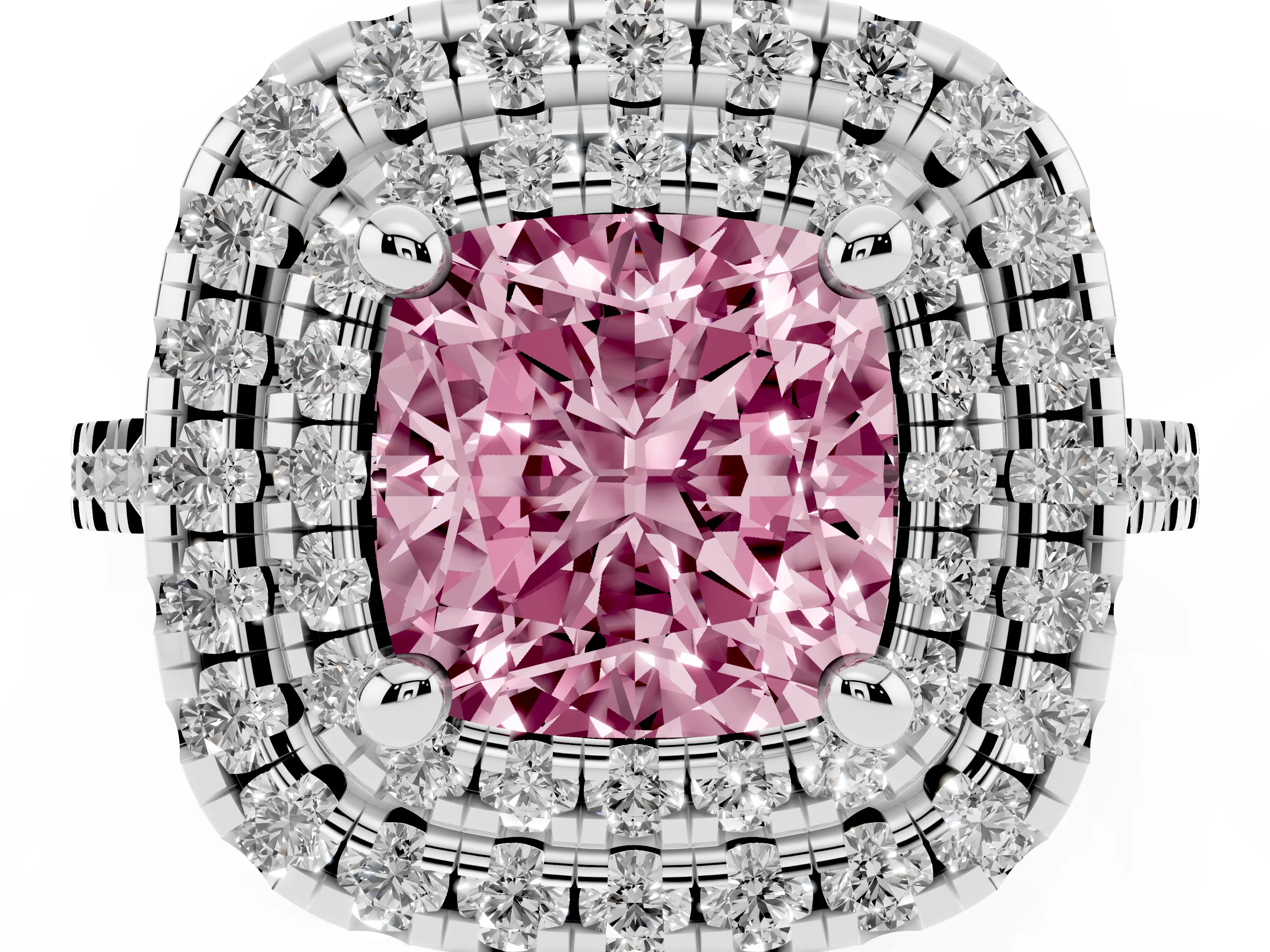 Fancy Pink Cushion Cut Diamond Double Halo Statement Ring Set in Platinum with Pavé Band
