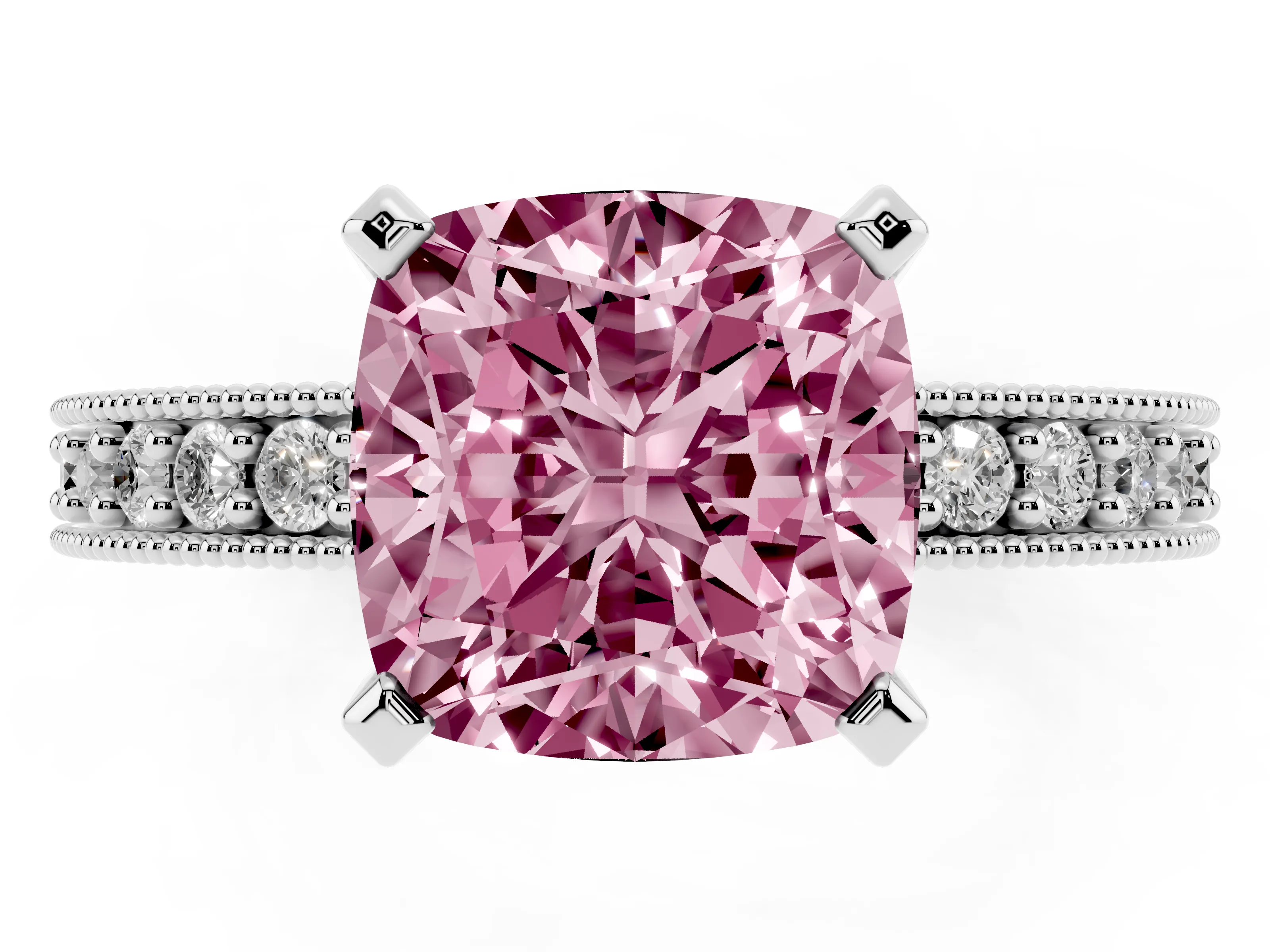 Fancy Pink Cushion Cut Diamond Milgrain Pavé Engagement Ring Set in Platinum with Prong Setting