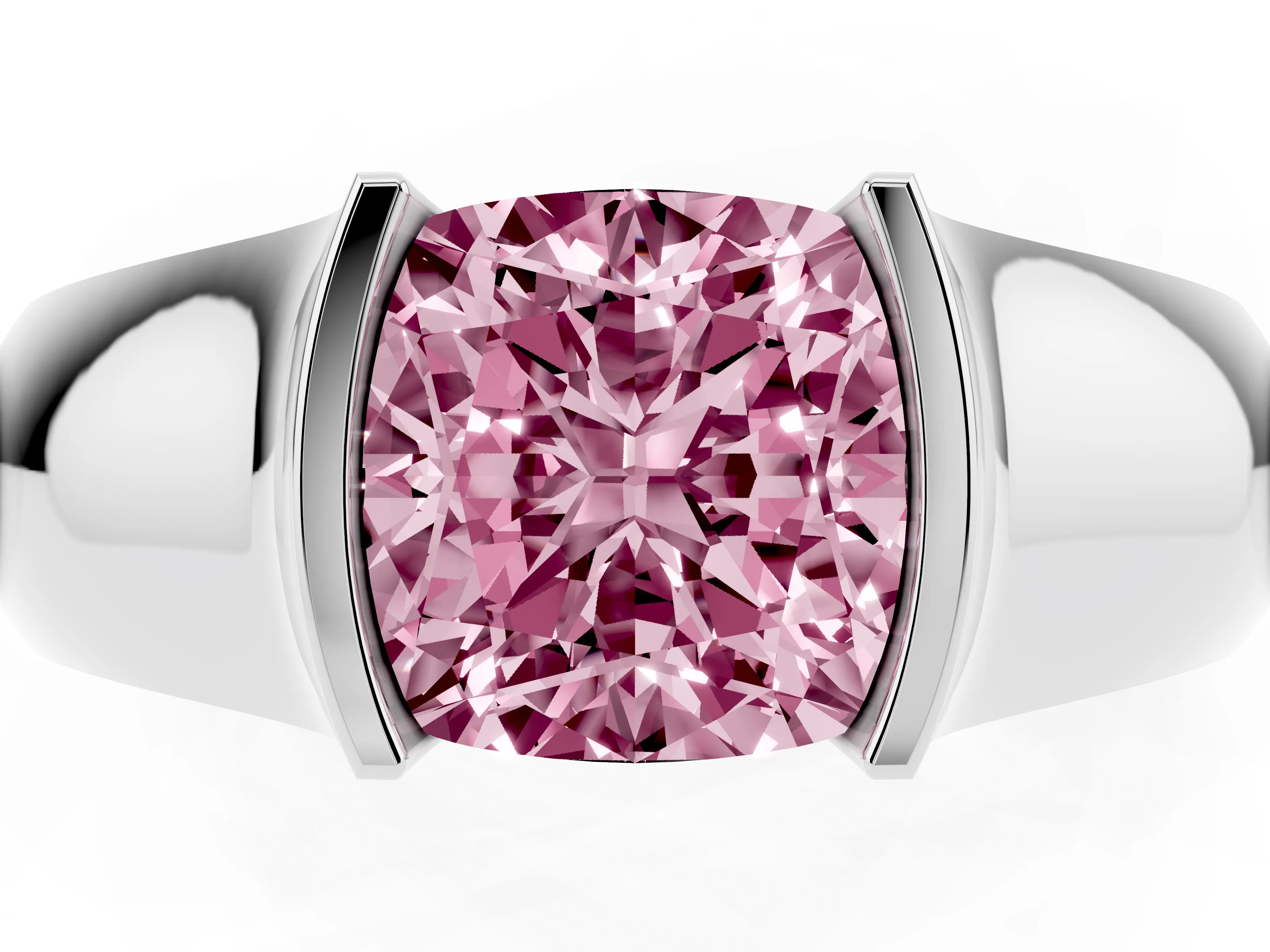 Fancy Pink Cushion Cut Diamond Bezel Solitaire Ring Set in White gold with Wide Band
