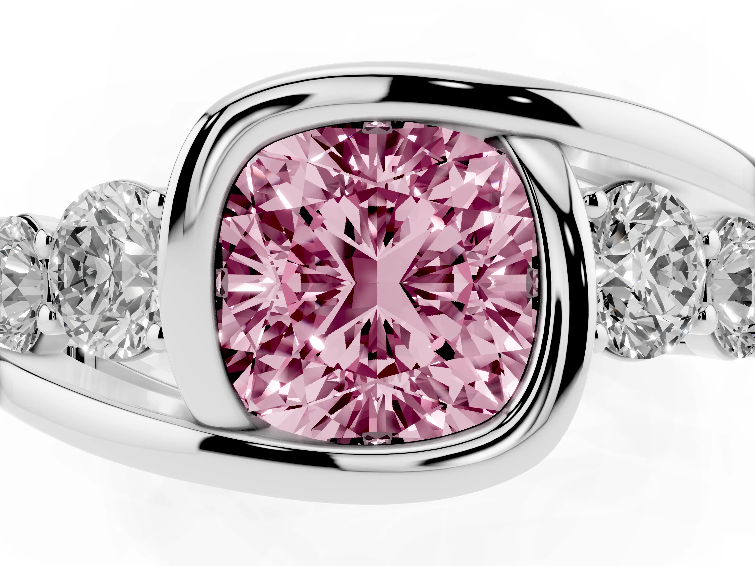 Fancy Pink Cushion Cut Diamond Bezel Bypass Ring Set in Silver with Round Accents