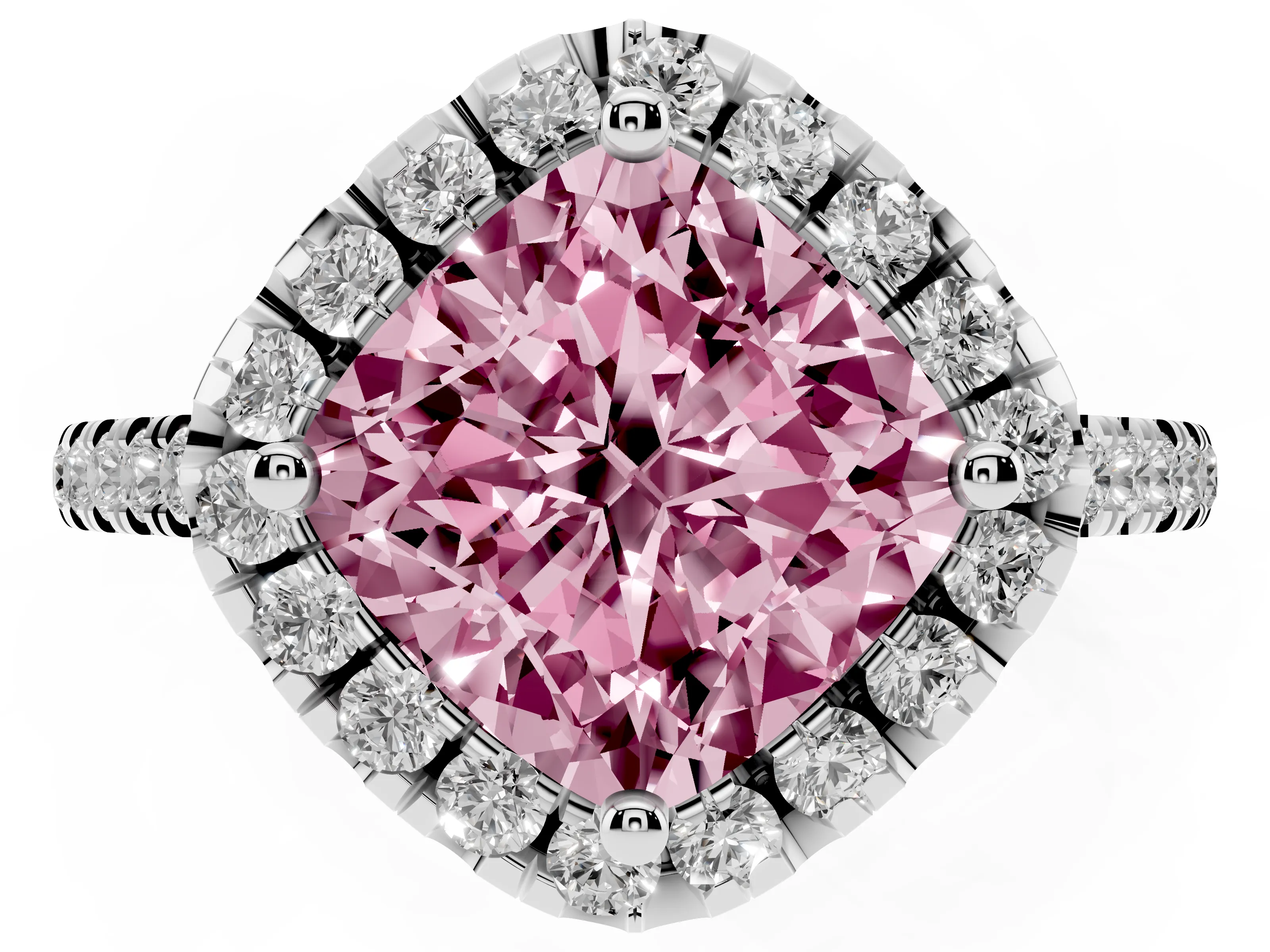 Fancy Pink Cushion Cut Diamond Cushion Halo Ring Set in Silver with Pavé Band