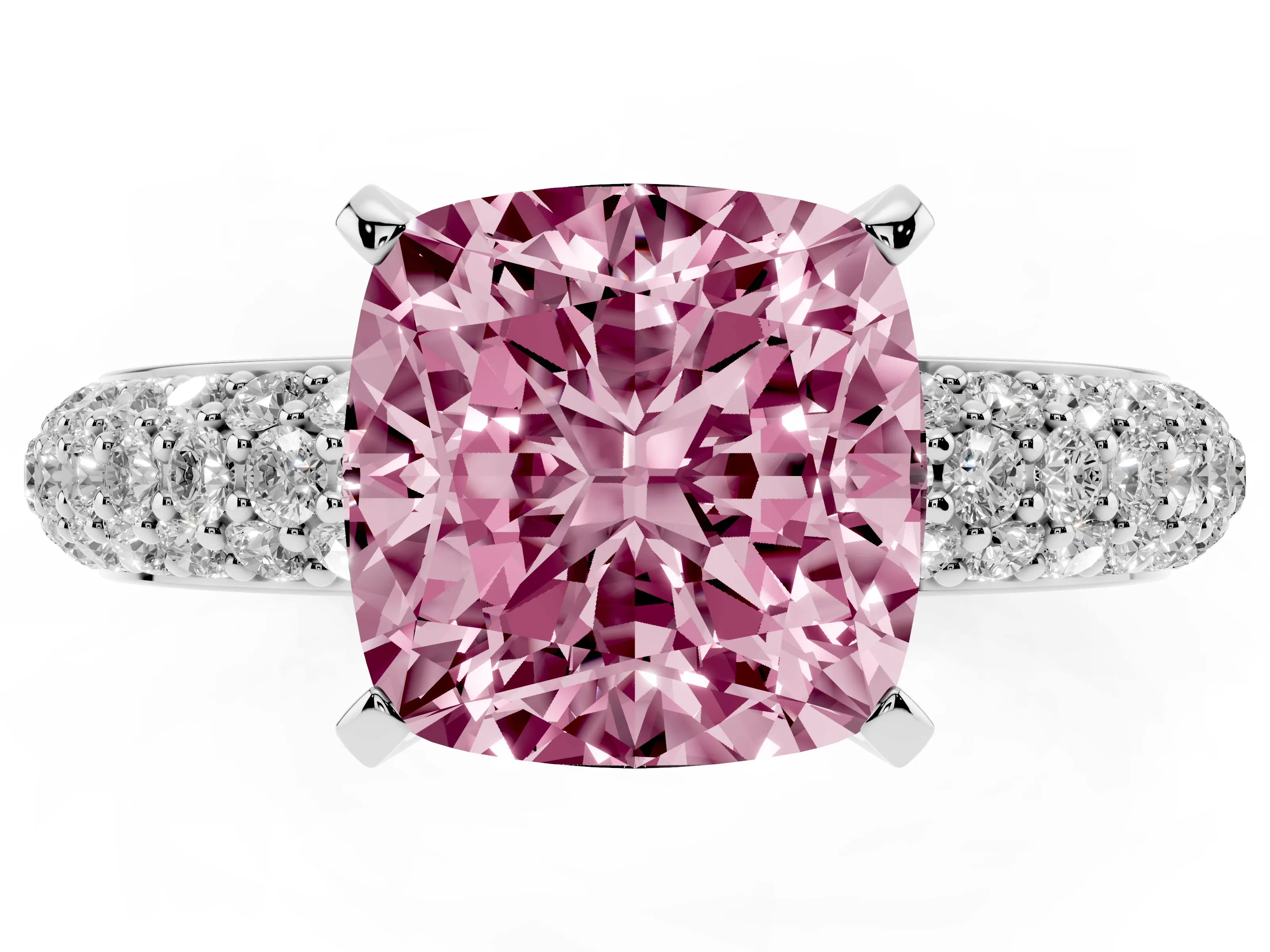 Fancy Pink Cushion Cut Diamond Solitaire Ring Set in Platinum with Prong Setting and Pavé-Set Band