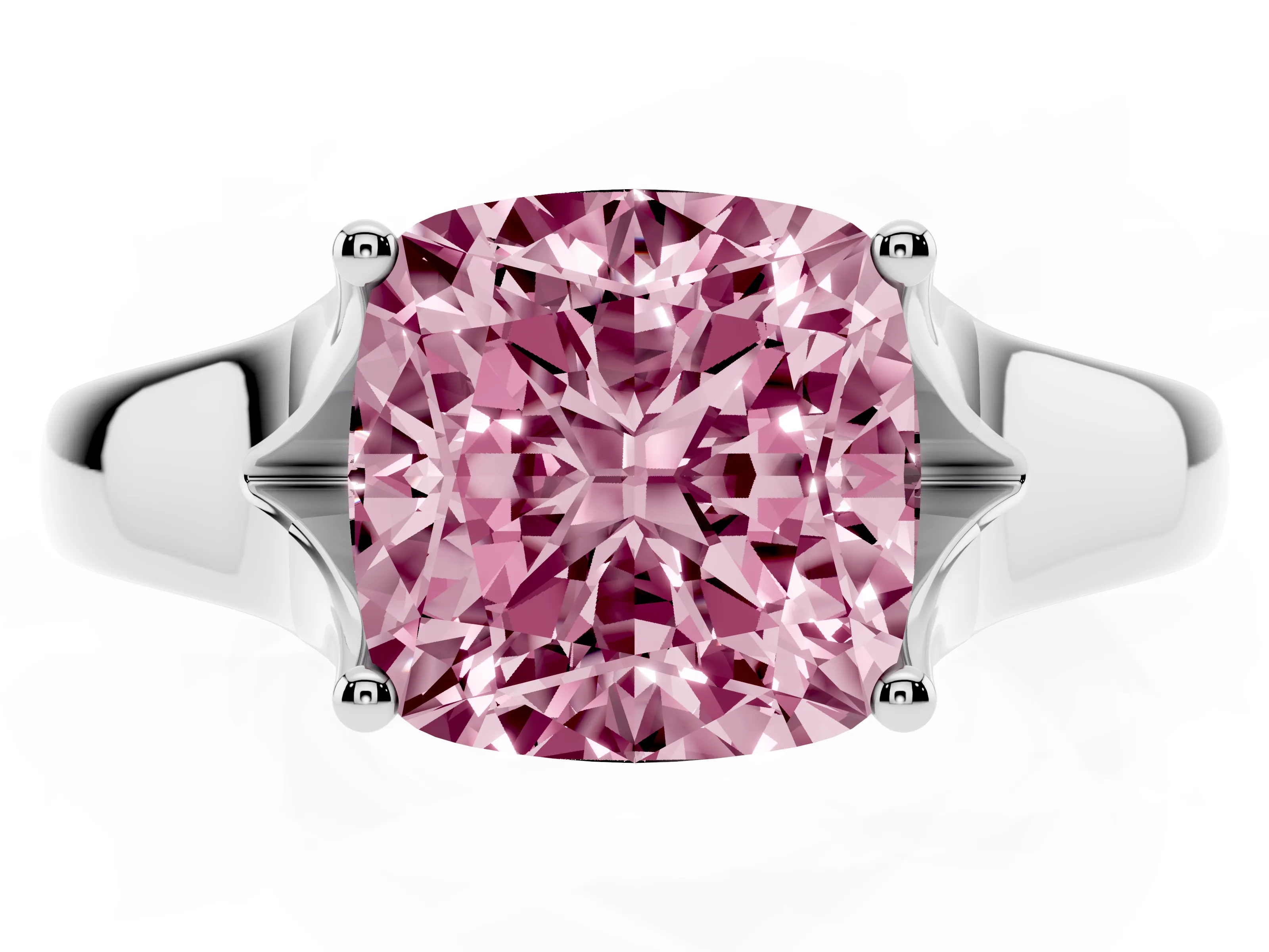 Fancy Pink Cushion Cut Diamond Solitaire Ring Set in White gold with Arched Cathedral Band and Prong Setting