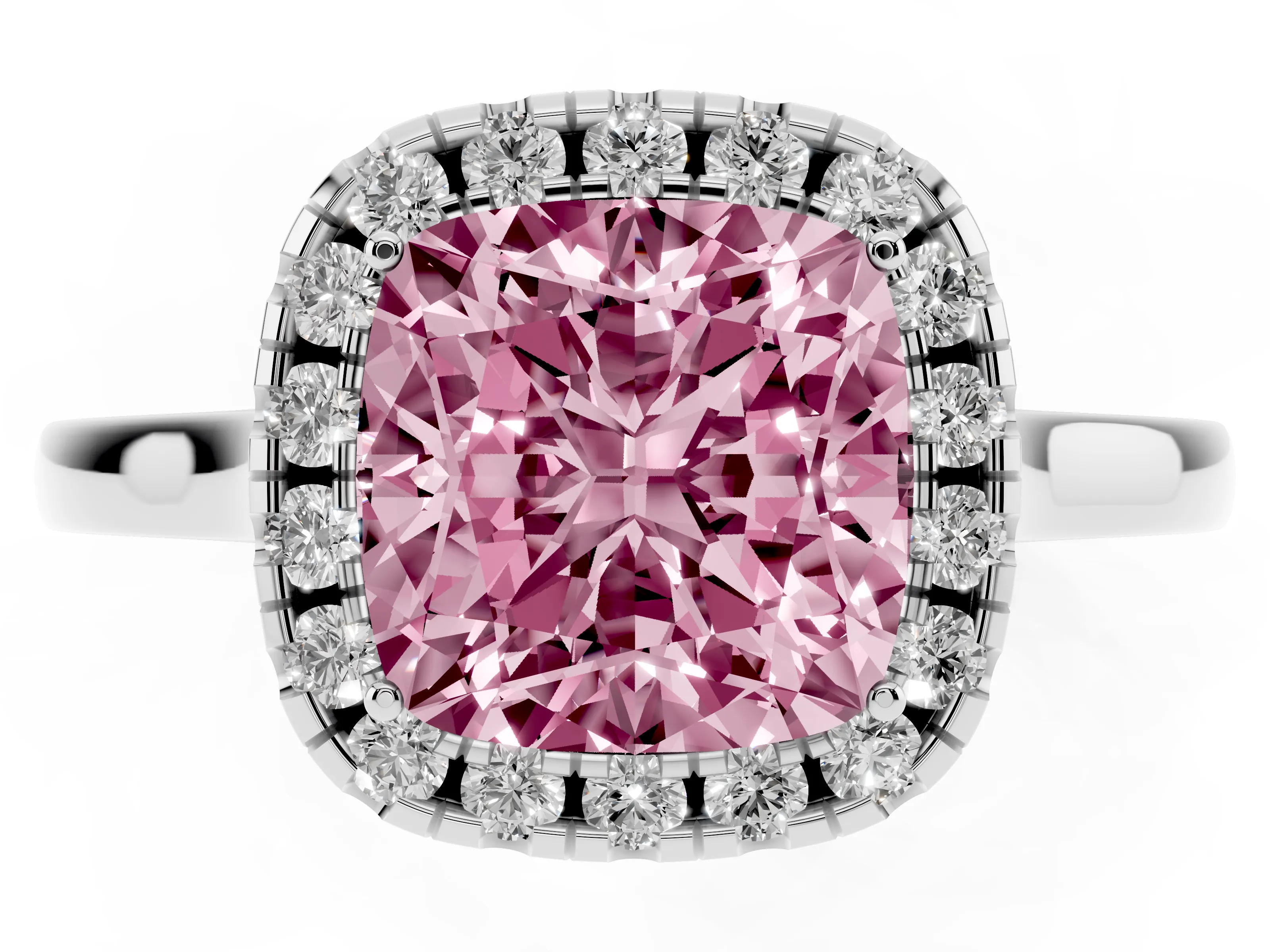 Fancy Pink Cushion Cut Halo Round Diamond Solitaire Ring Set in White gold with Pavé Band and Prong Setting