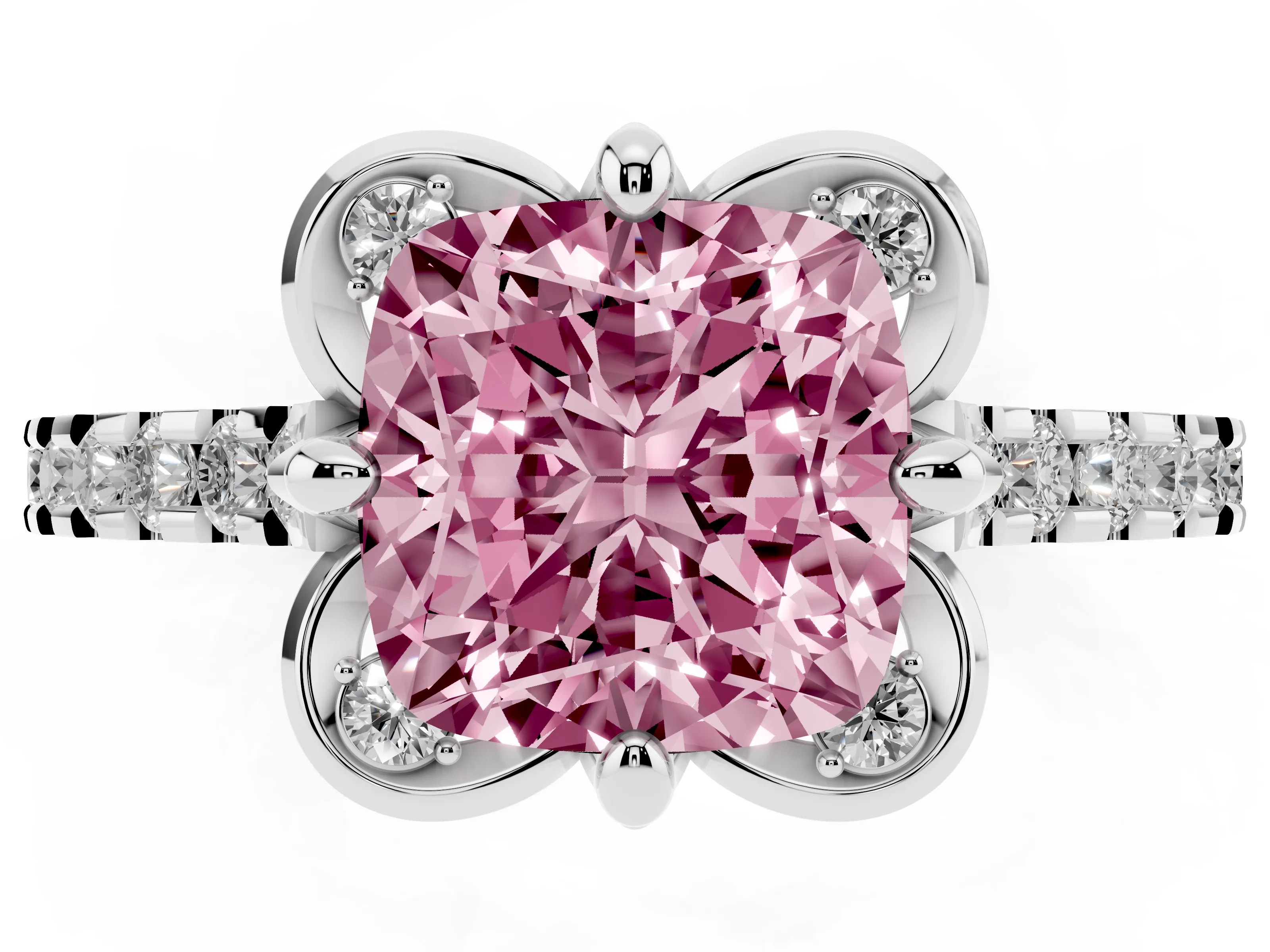 Fancy Pink Cushion Cut Diamond Solitaire Ring Set in Platinum with Pavé Band and Floral Prong Setting
