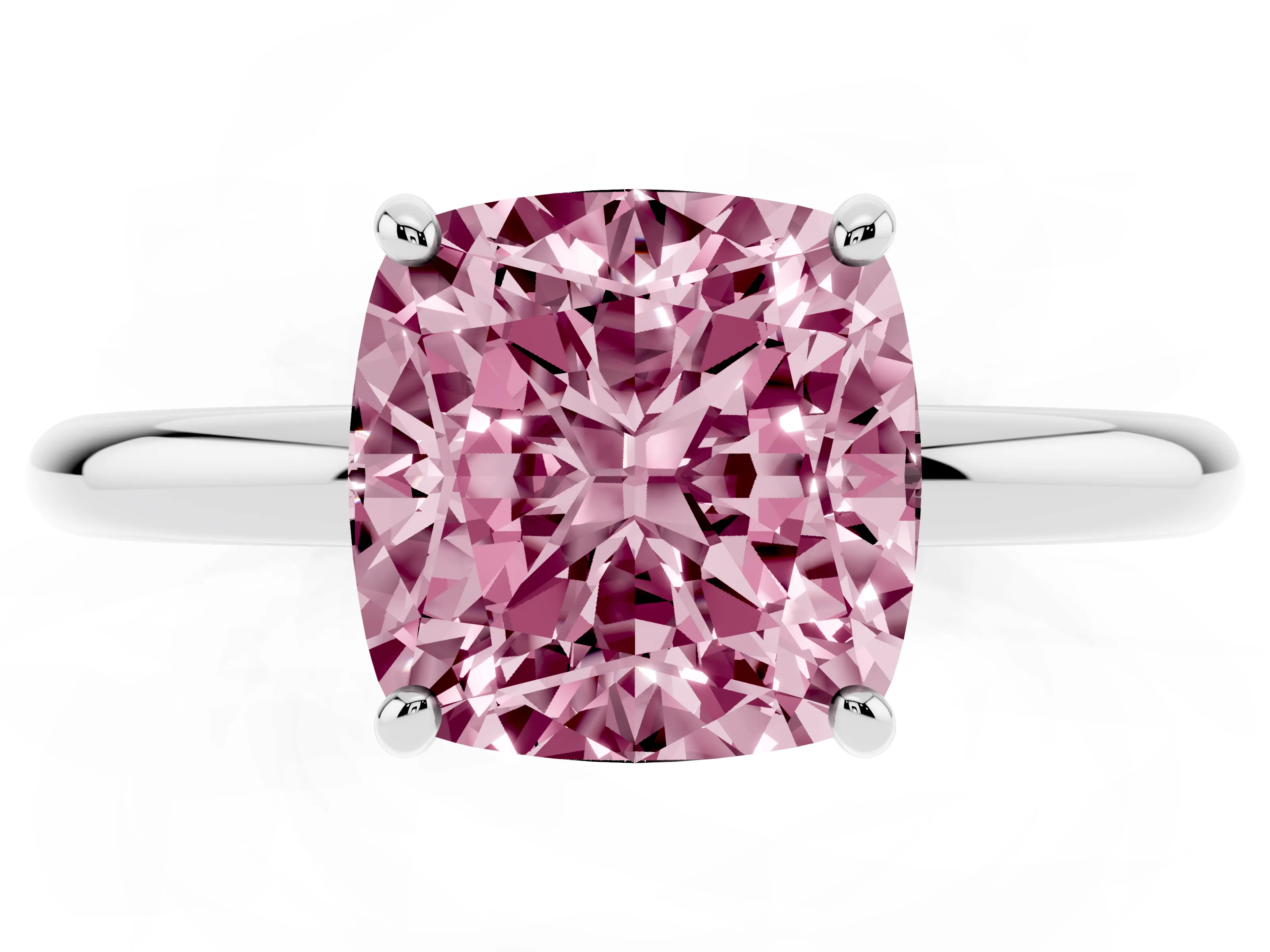 Fancy Pink Cushion Cut Diamond Solitaire Ring Set in Silver with Prong Setting on a Polished Plain Band