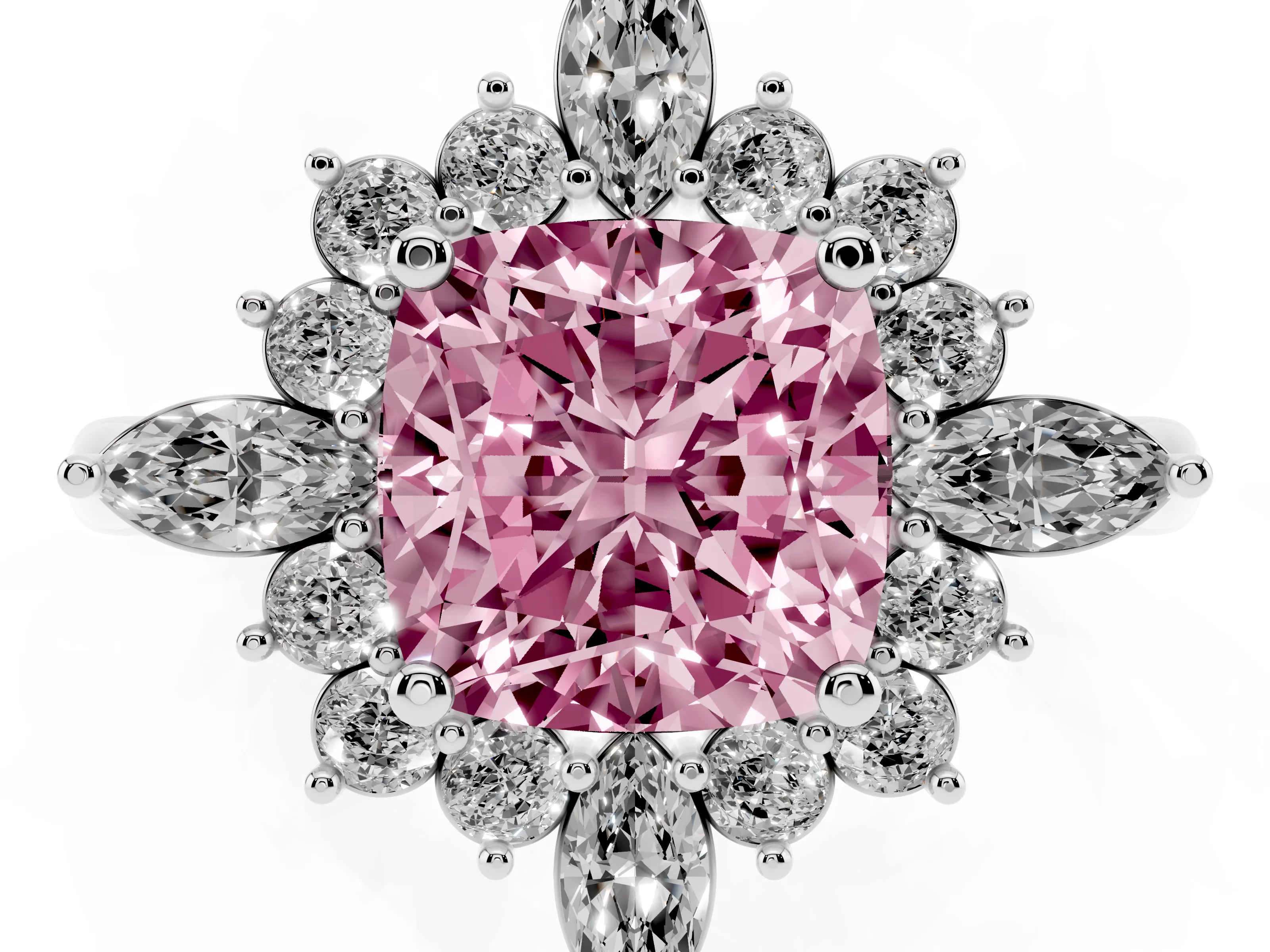 Fancy Pink Cushion Cut Diamond Cluster Halo Ring Set in White gold with Marquise and Round Accents
