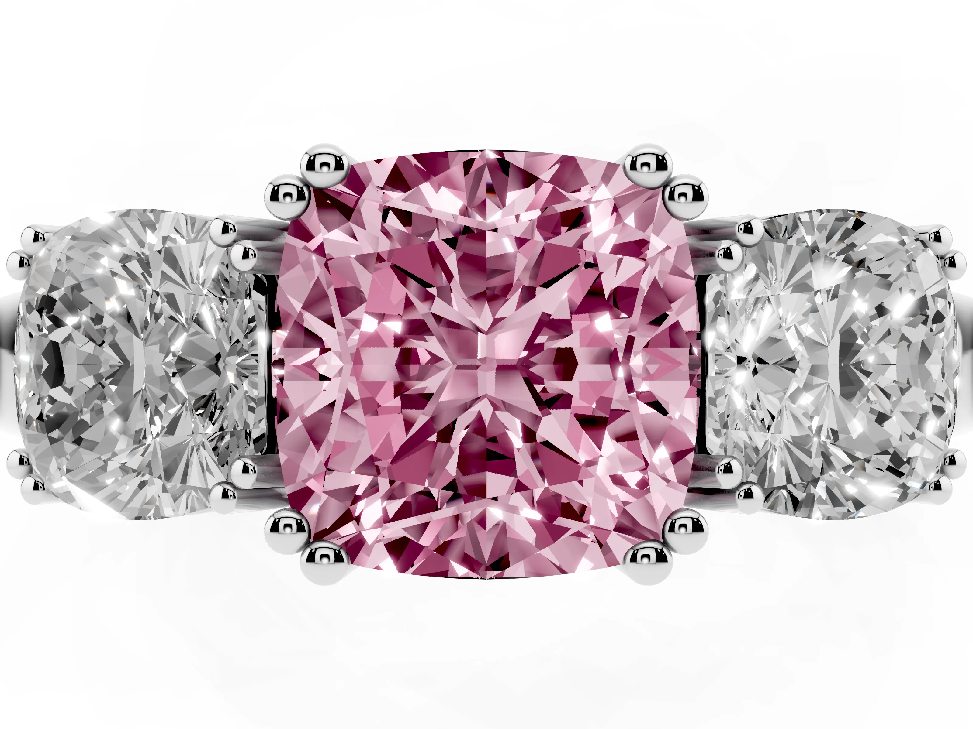 Fancy Pink Cushion Cut Diamond Three-Stone Ring Set in White gold with Polished Band and Prong Setting