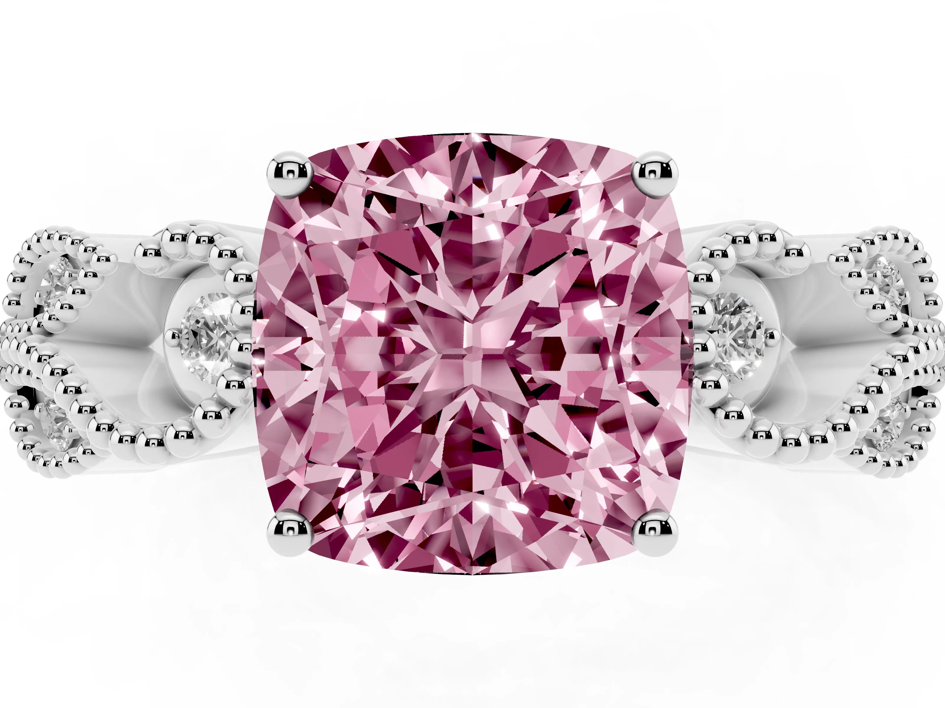 Fancy Pink Cushion Cut Diamond Milgrain Leaf Band Solitaire Ring Set in Platinum with Accent Stones and Prong Setting