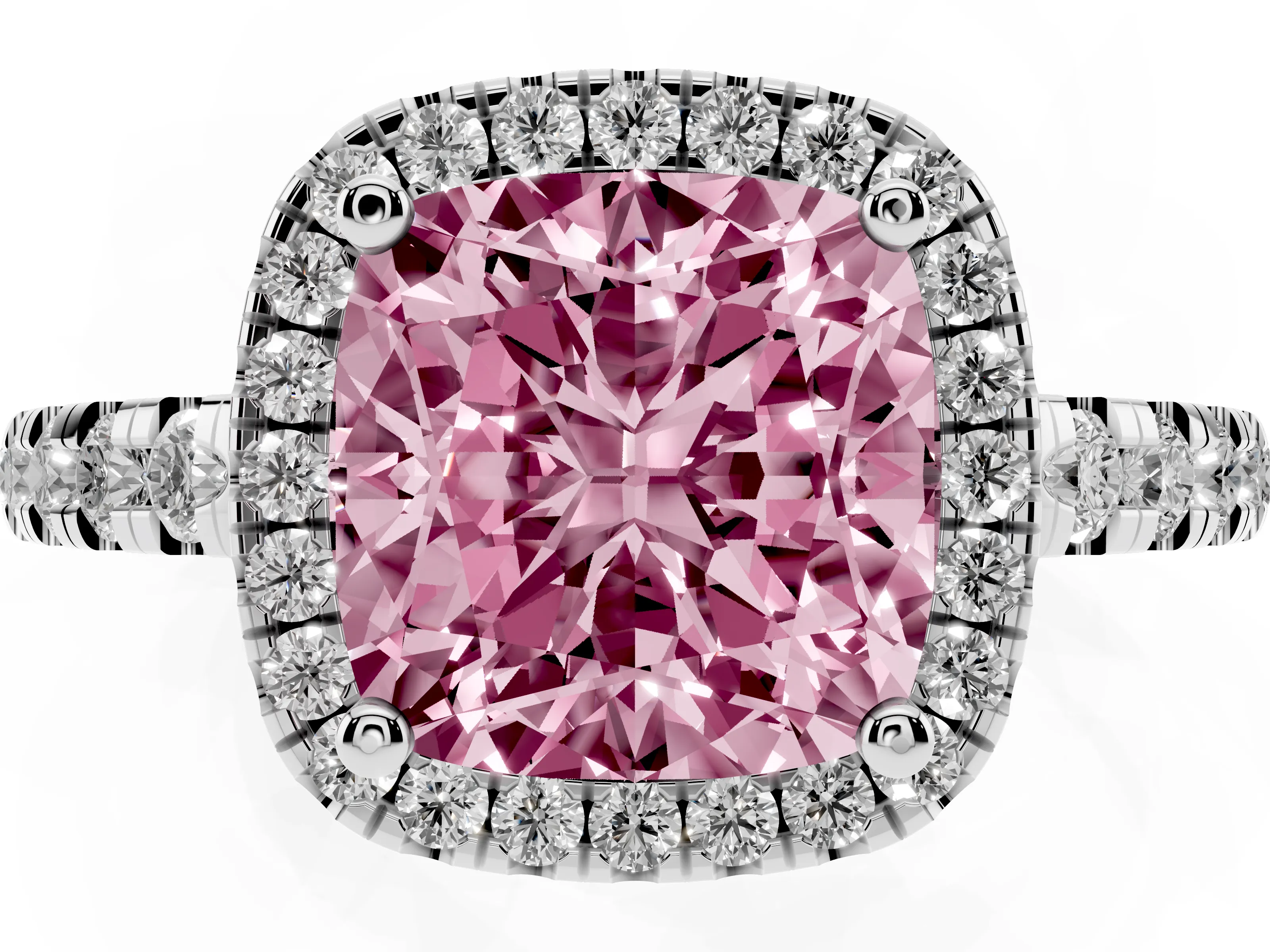 Fancy Pink Cushion Cut Diamond Halo Ring Set in Silver with Delicate Pavé Band and Prong Setting