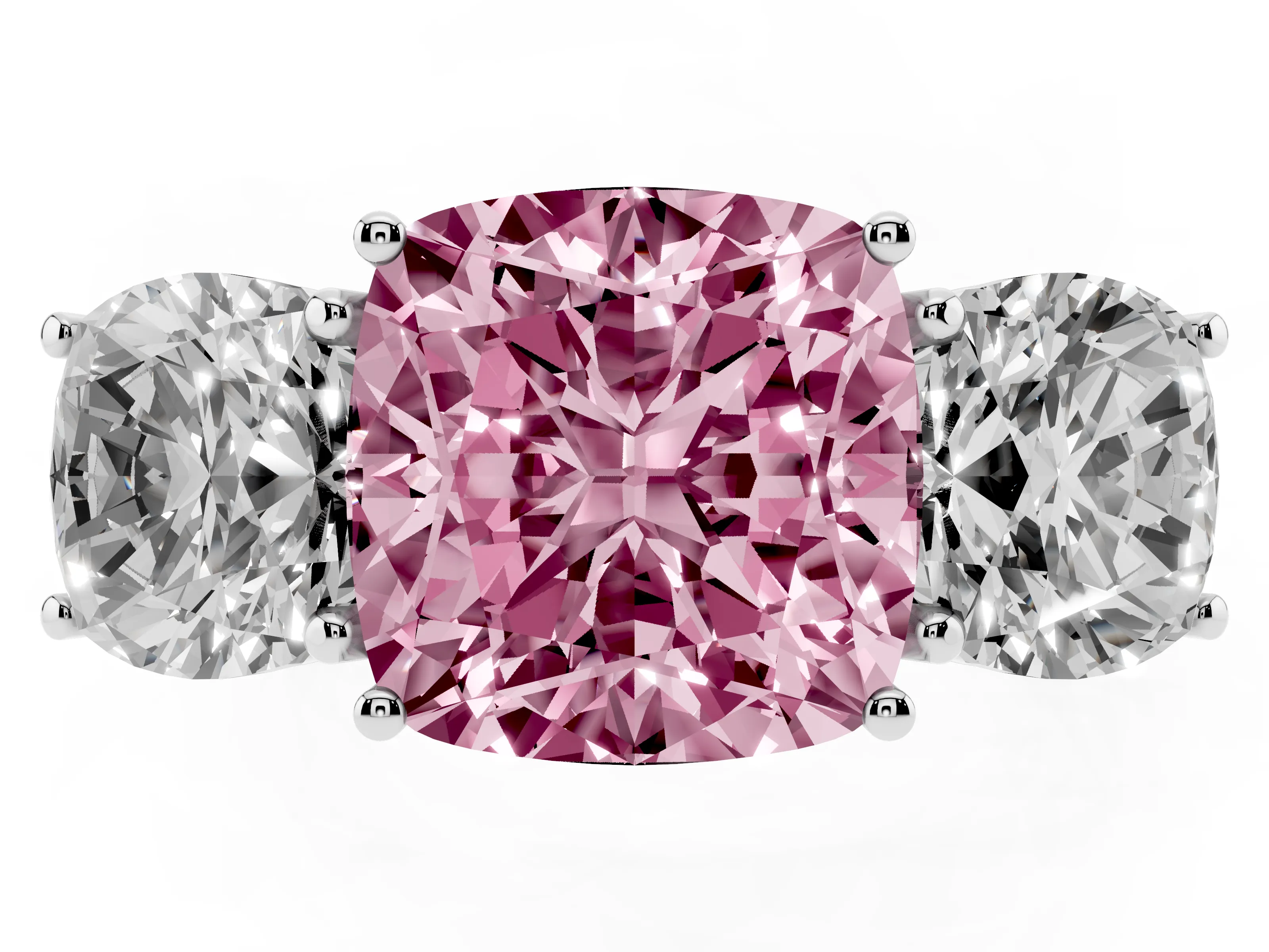 Fancy Pink Cushion Cut Diamond Three-Stone Ring Set in Platinum with Braided Band