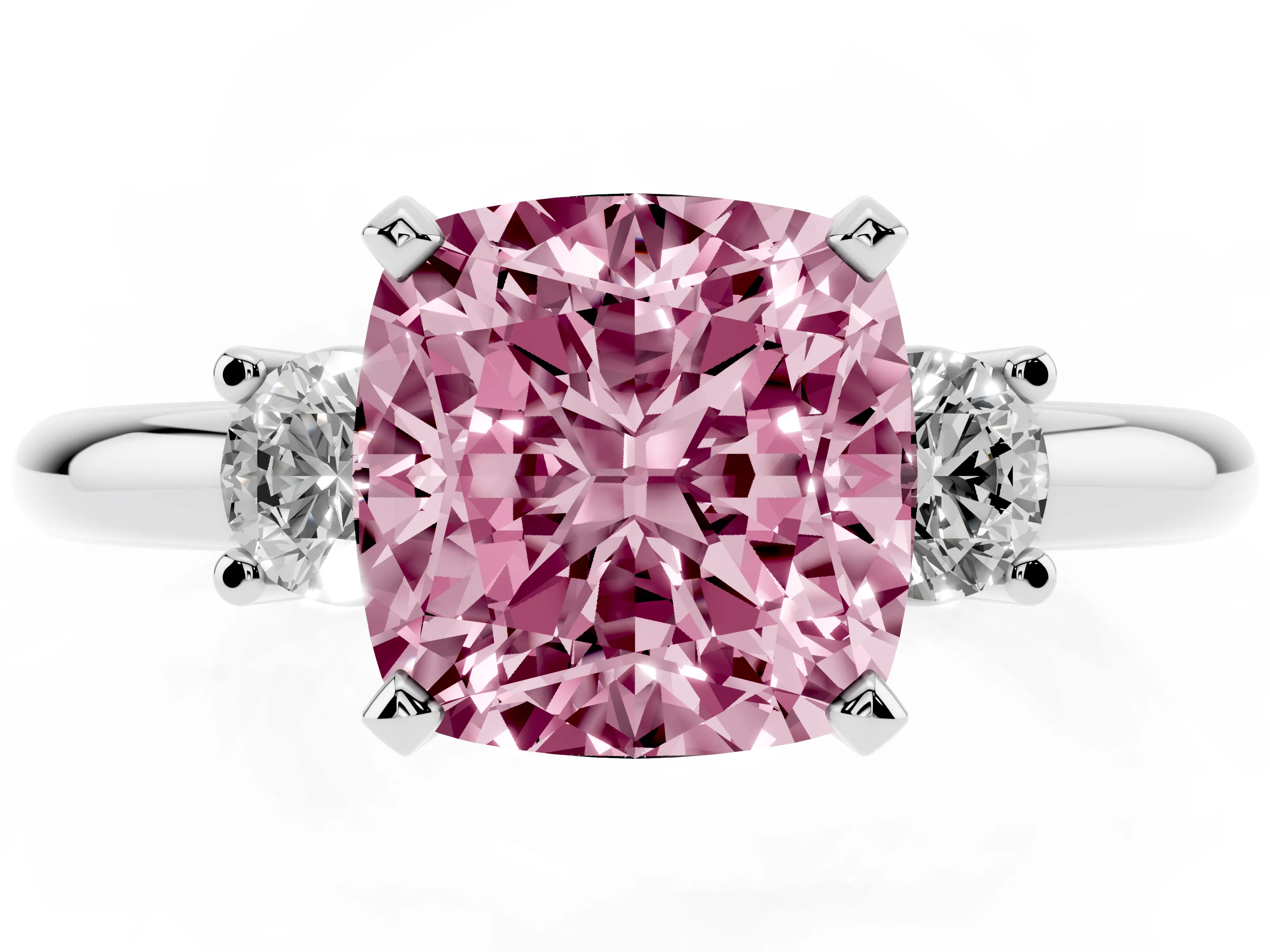 Fancy Pink Three-Stone Cushion Cut Diamond Ring Set in Platinum with Prong Setting and Plain Band
