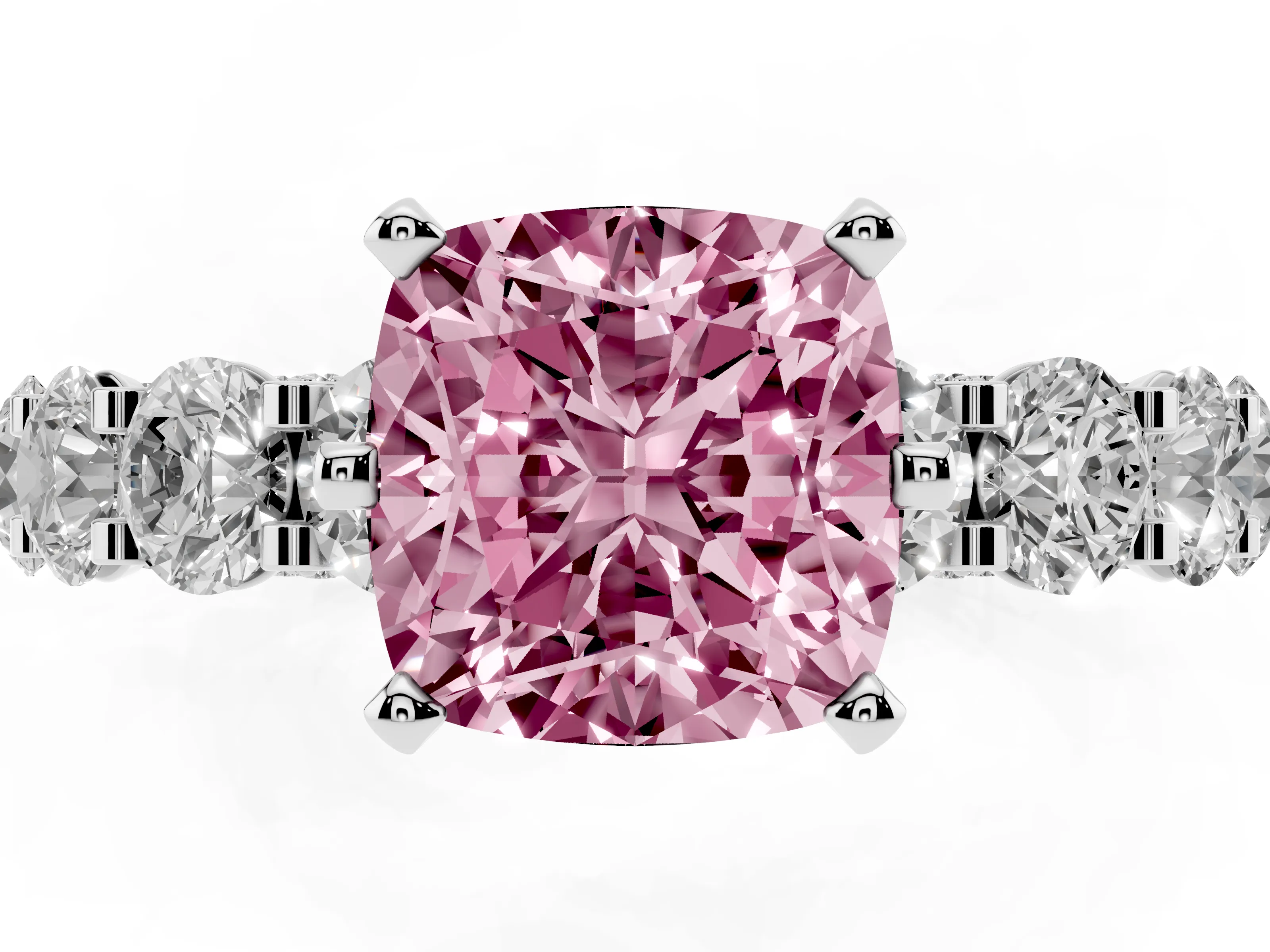 Fancy Pink Cushion Cut Diamond Side Stone Ring Set in Silver with Alternating Round and Oval Side Stones