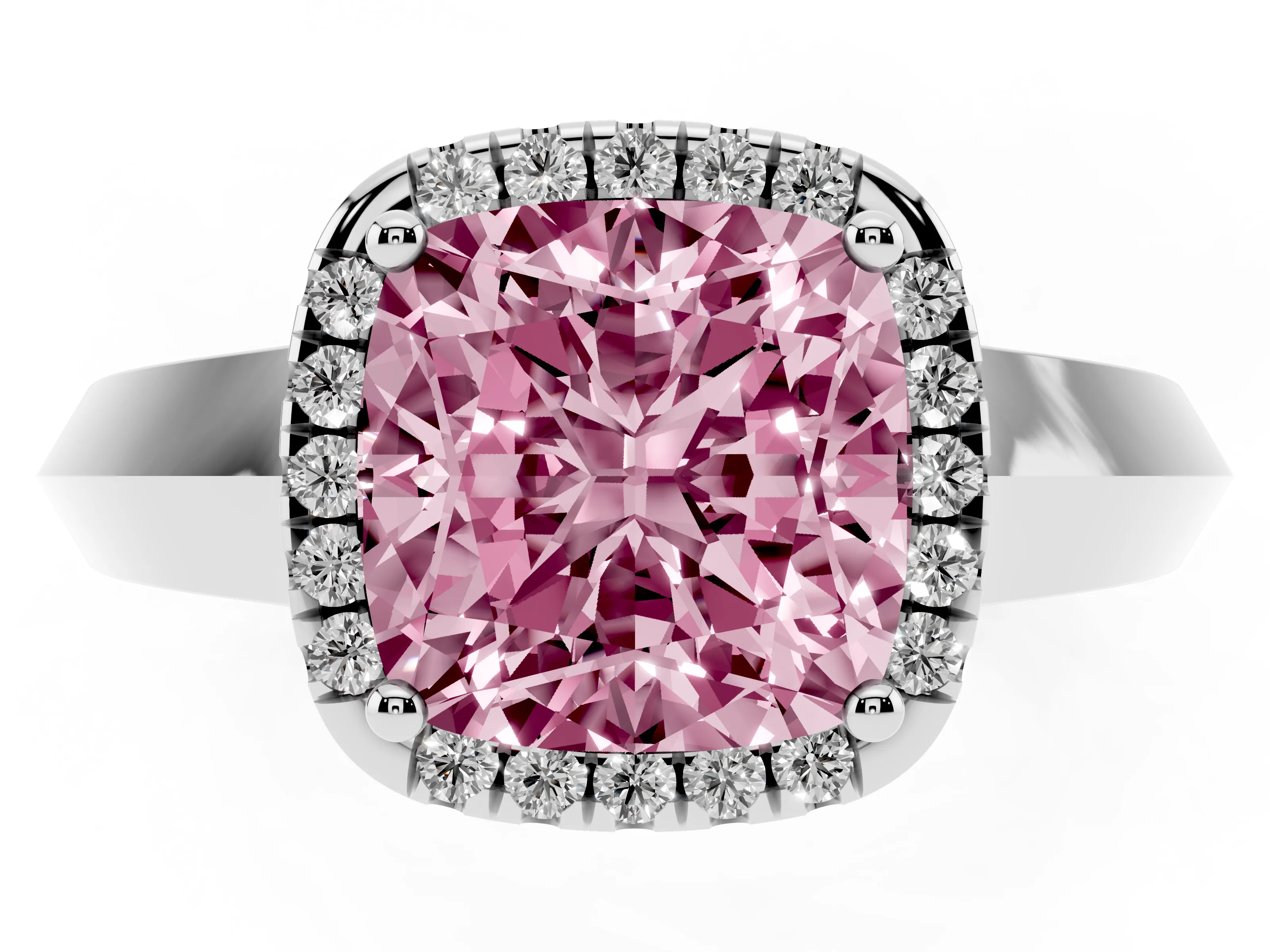 Fancy Pink Cushion Cut Diamond Halo Ring Set in Platinum with Cathedral Band and Prong Setting