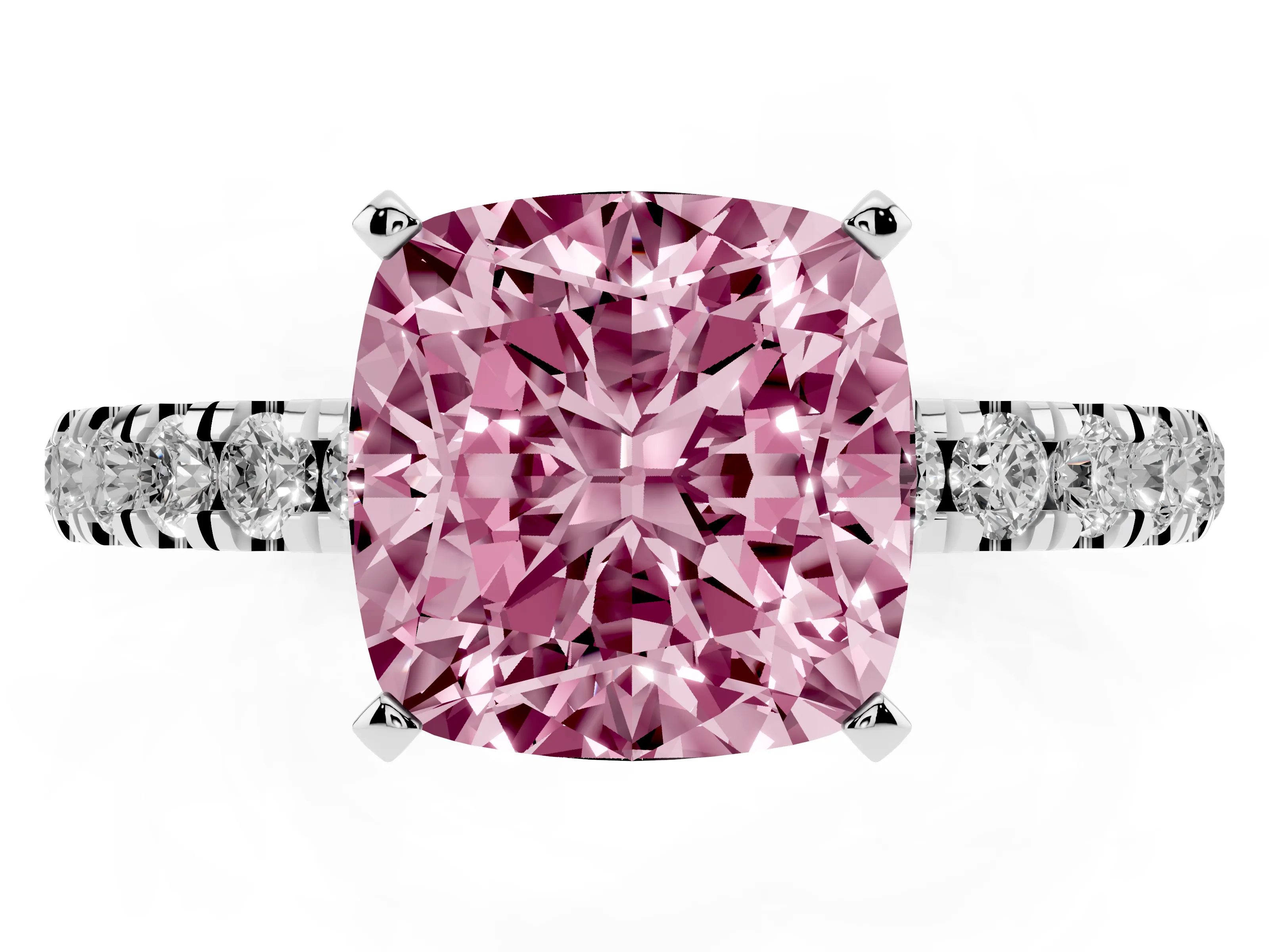 Fancy Pink Cushion Cut Diamond Solitaire Ring Set in Silver with Pavé Accents and Prong Setting